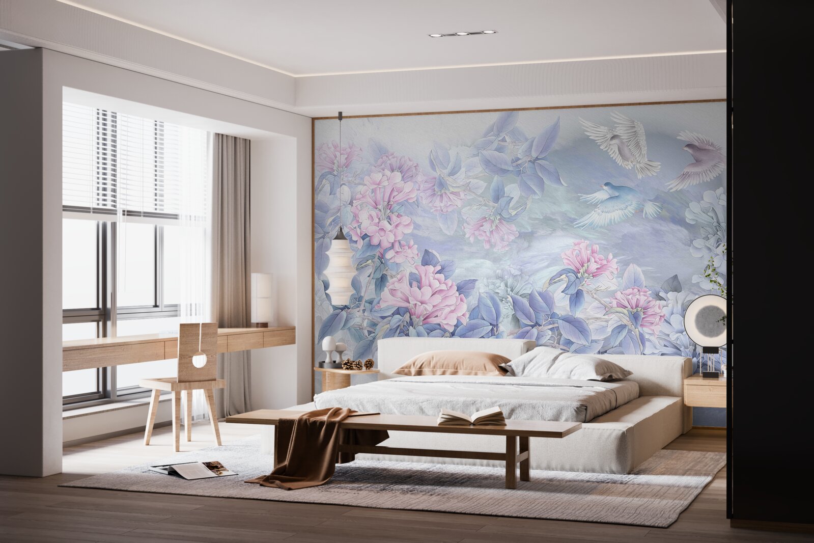 Fototapeta gałęzie są niebieskie, zwieńczone różowymi kwiatami