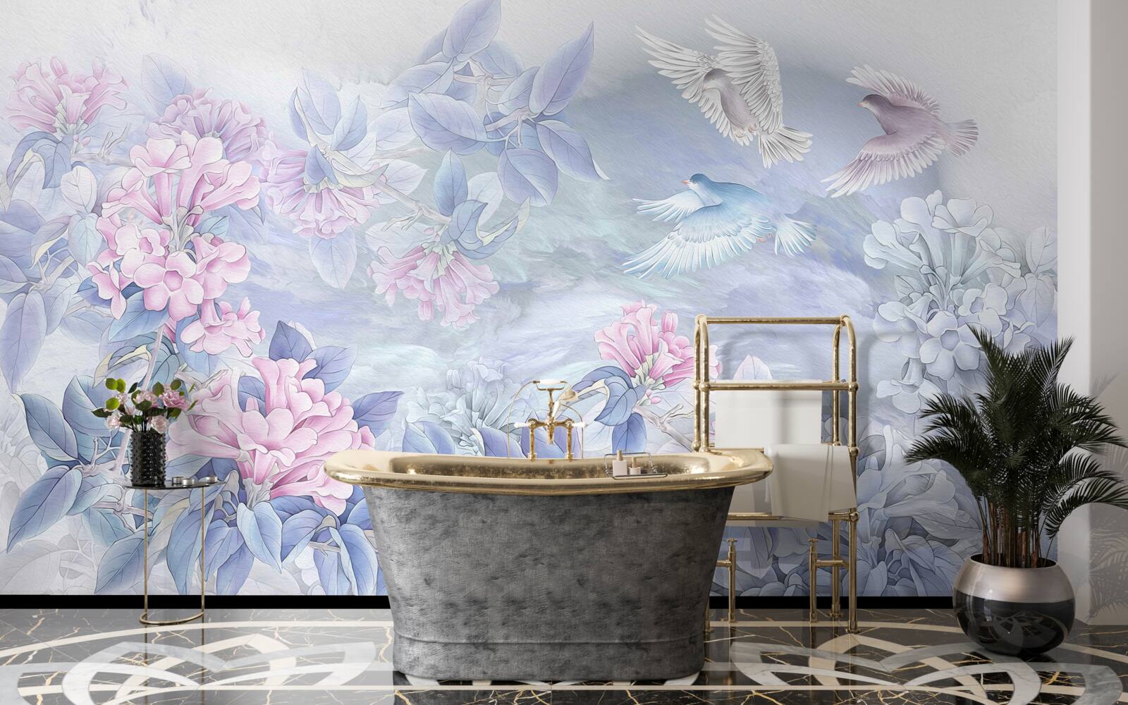 Fototapeta gałęzie są niebieskie, zwieńczone różowymi kwiatami