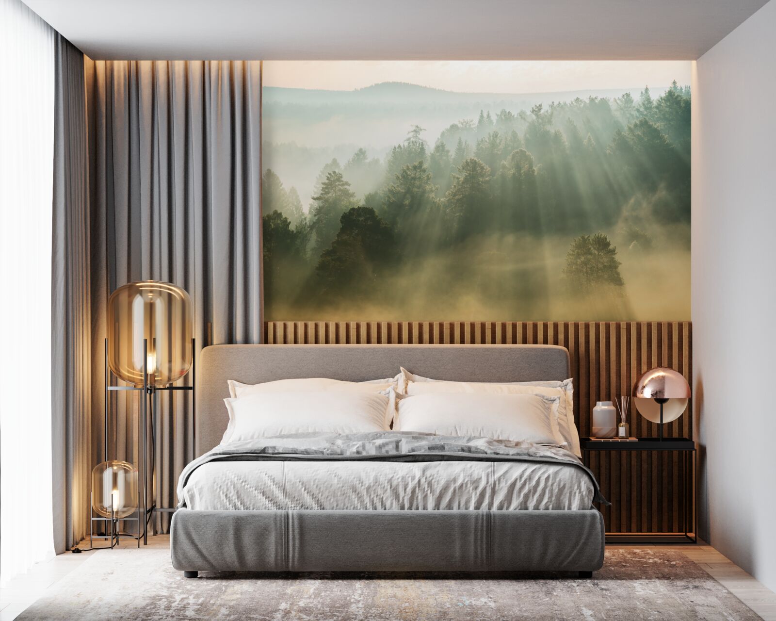 Fototapeta w lesie gęsta mgła rozprasza się pod wpływem słońca