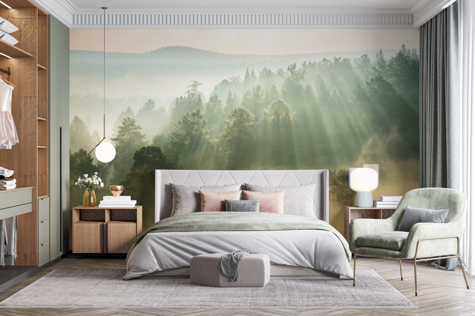 Fototapeta w lesie gęsta mgła rozprasza się pod wpływem słońca