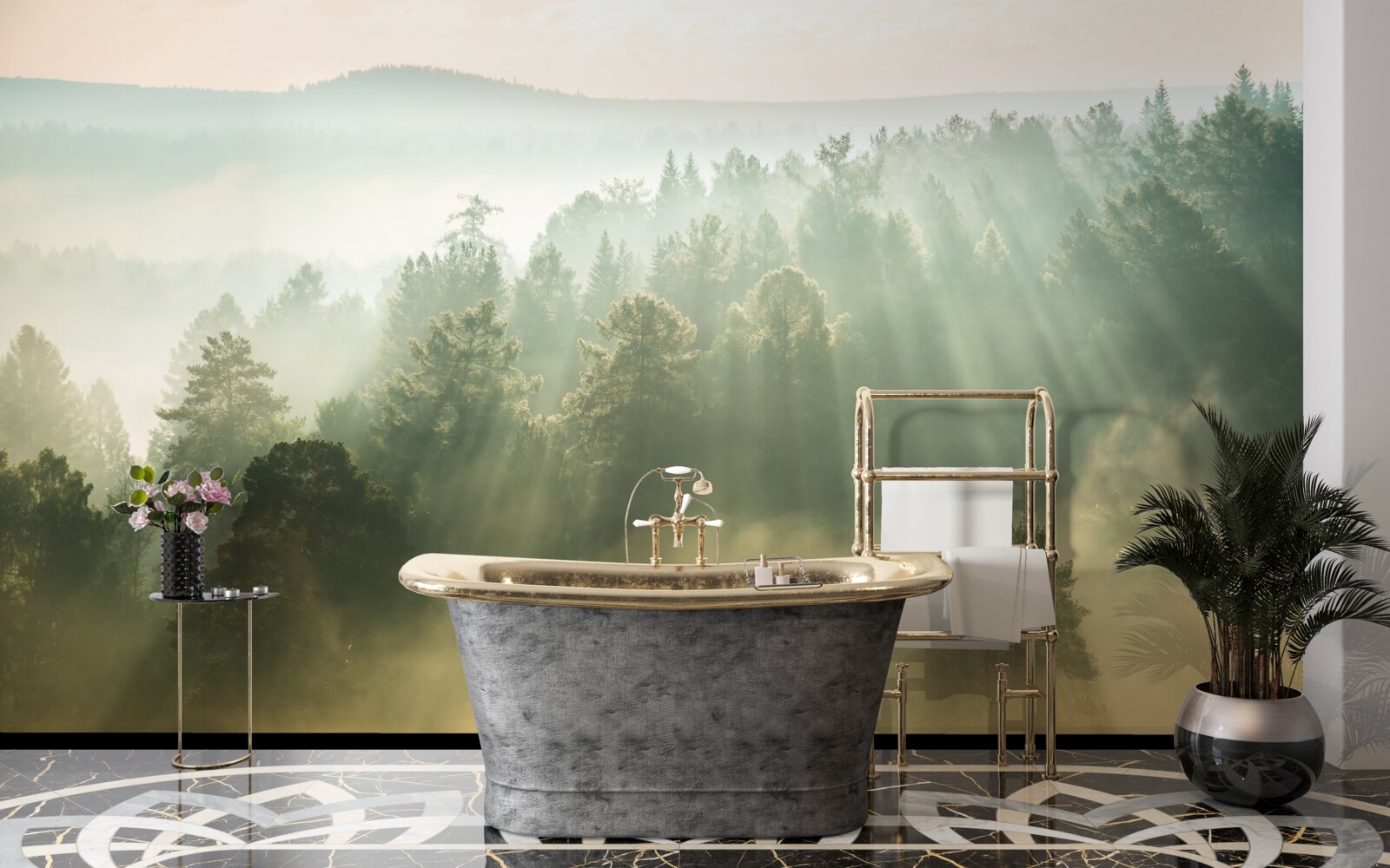 Fototapeta w lesie gęsta mgła rozprasza się pod wpływem słońca