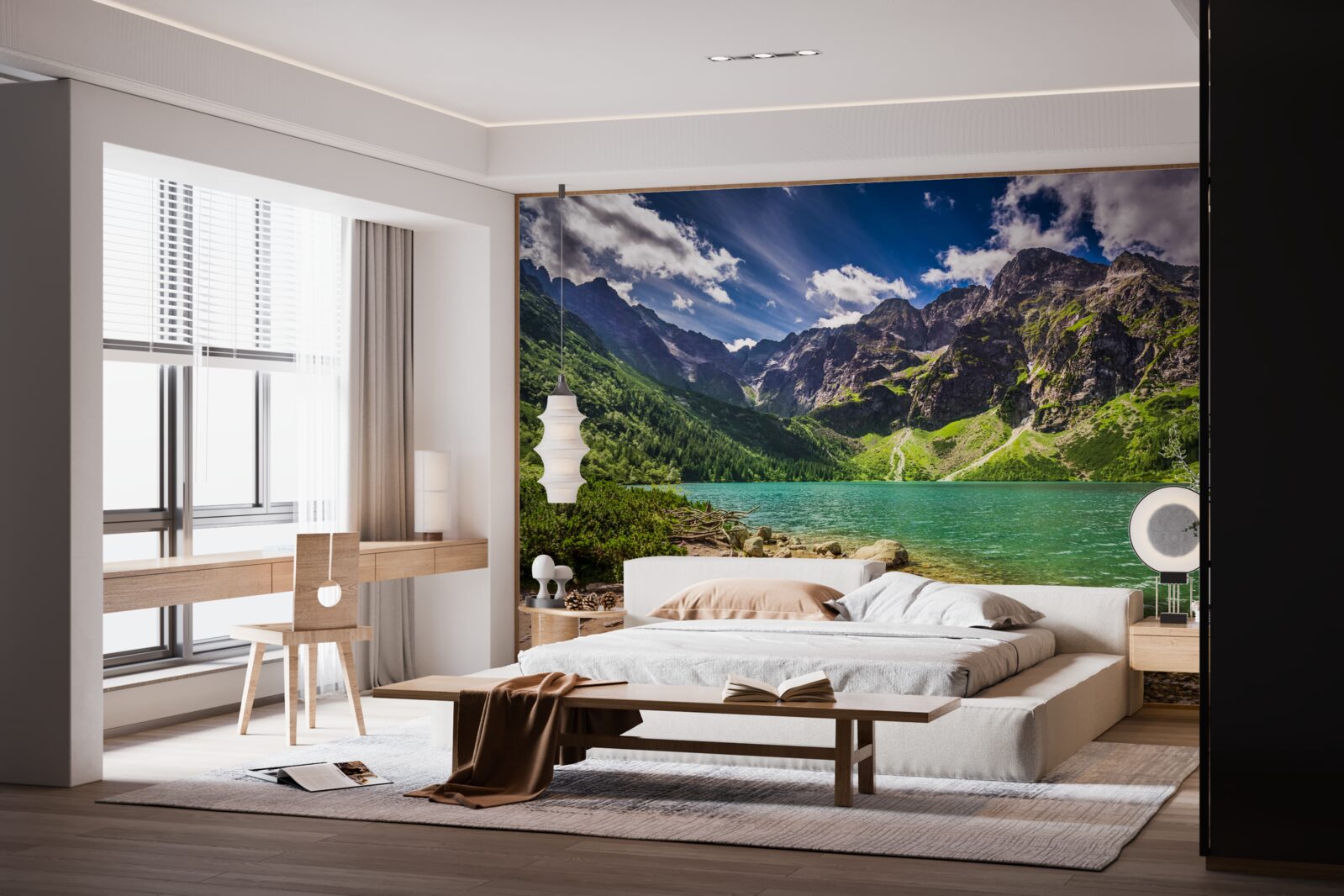 Fototapeta letni dzień w pobliżu jeziora otoczonego zielonkawymi górami