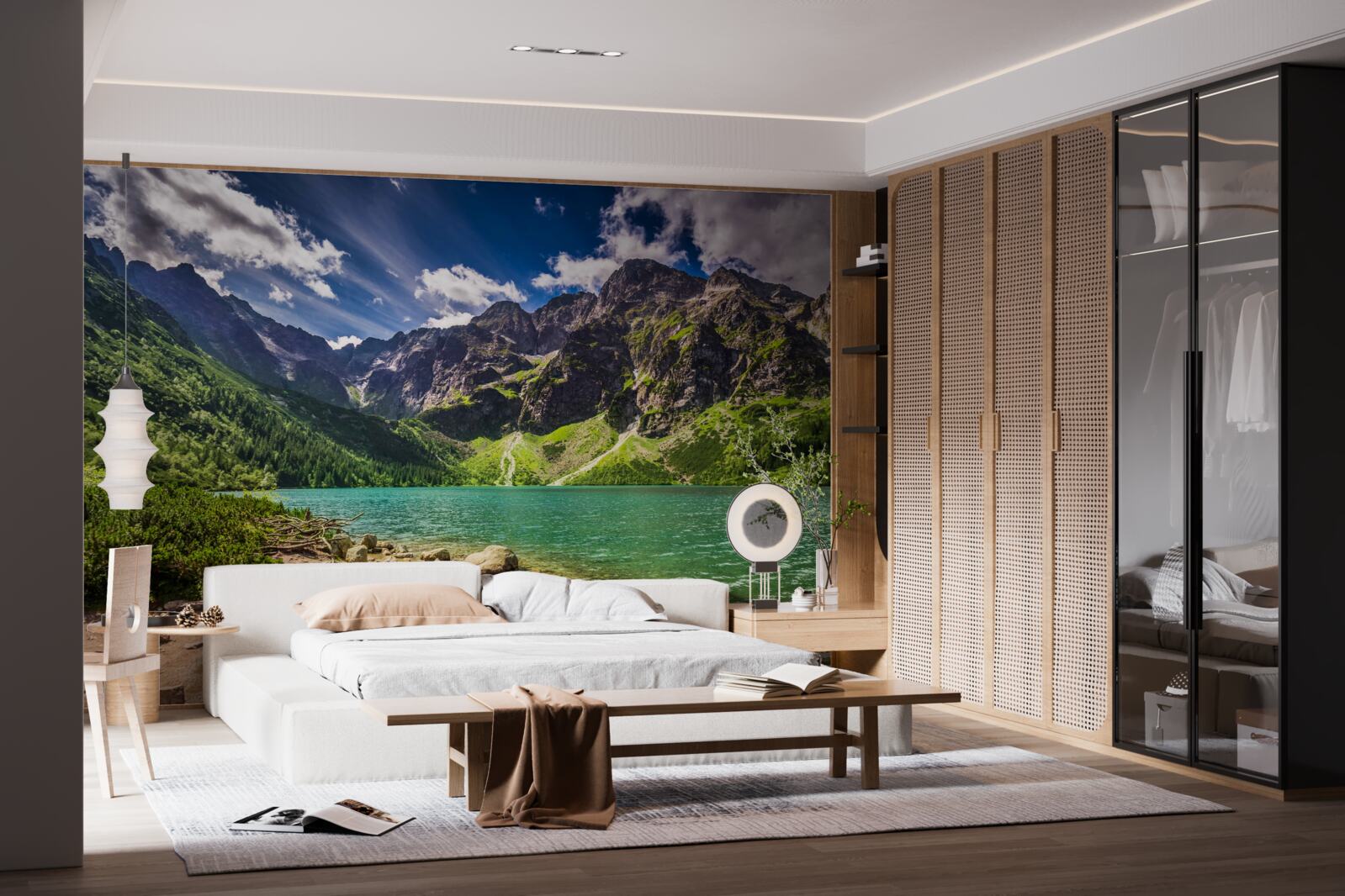 Fototapeta letni dzień w pobliżu jeziora otoczonego zielonkawymi górami