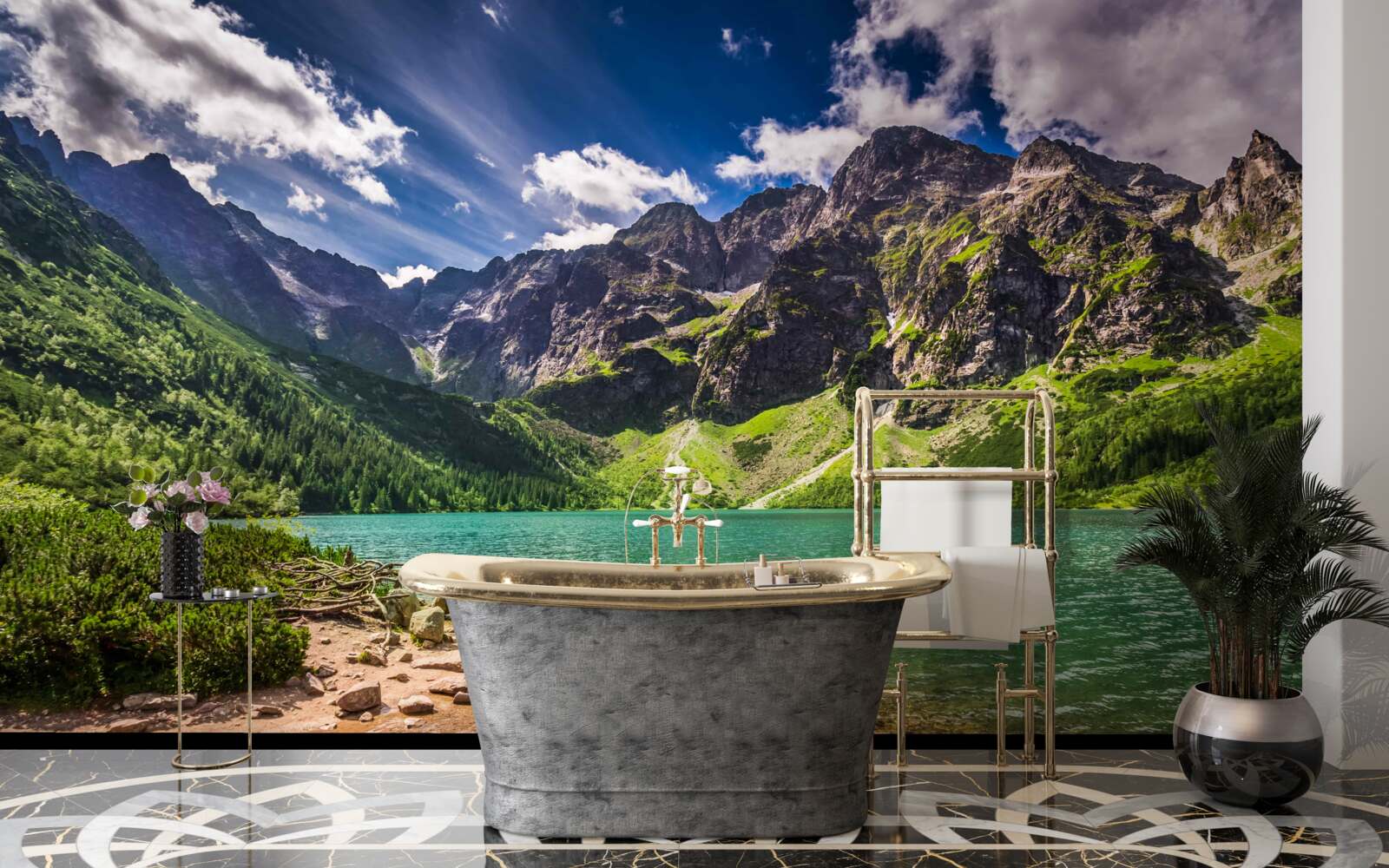 Fototapeta letni dzień w pobliżu jeziora otoczonego zielonkawymi górami