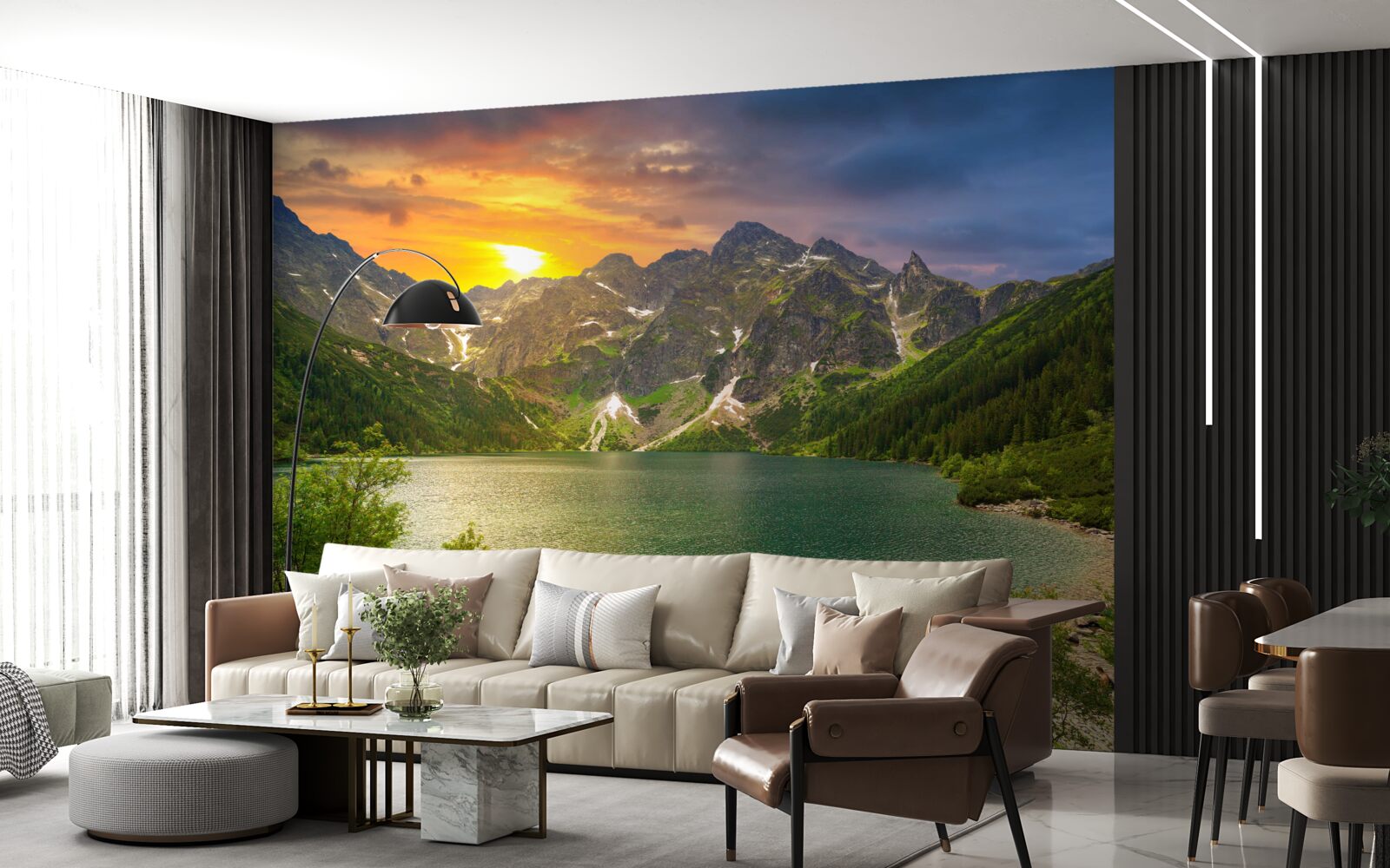 Fototapeta spektakularny zachód słońca za pasmami górskimi w pobliżu jeziora