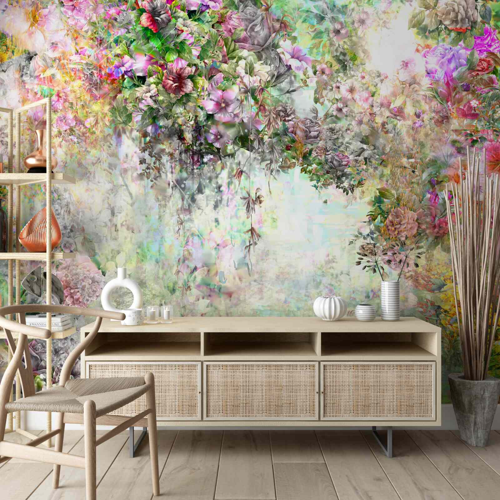 Fototapeta malownicza letnia ścieżka usiana kwiatami w lesie