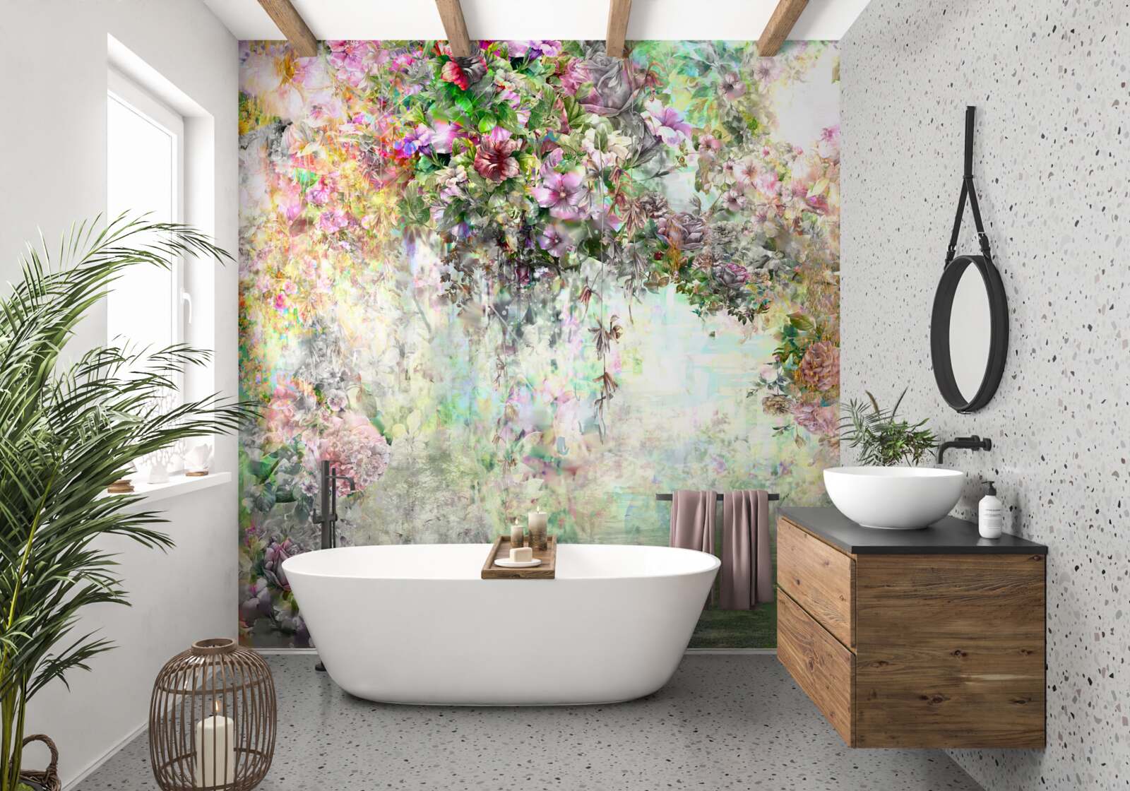 Fototapeta malownicza letnia ścieżka usiana kwiatami w lesie