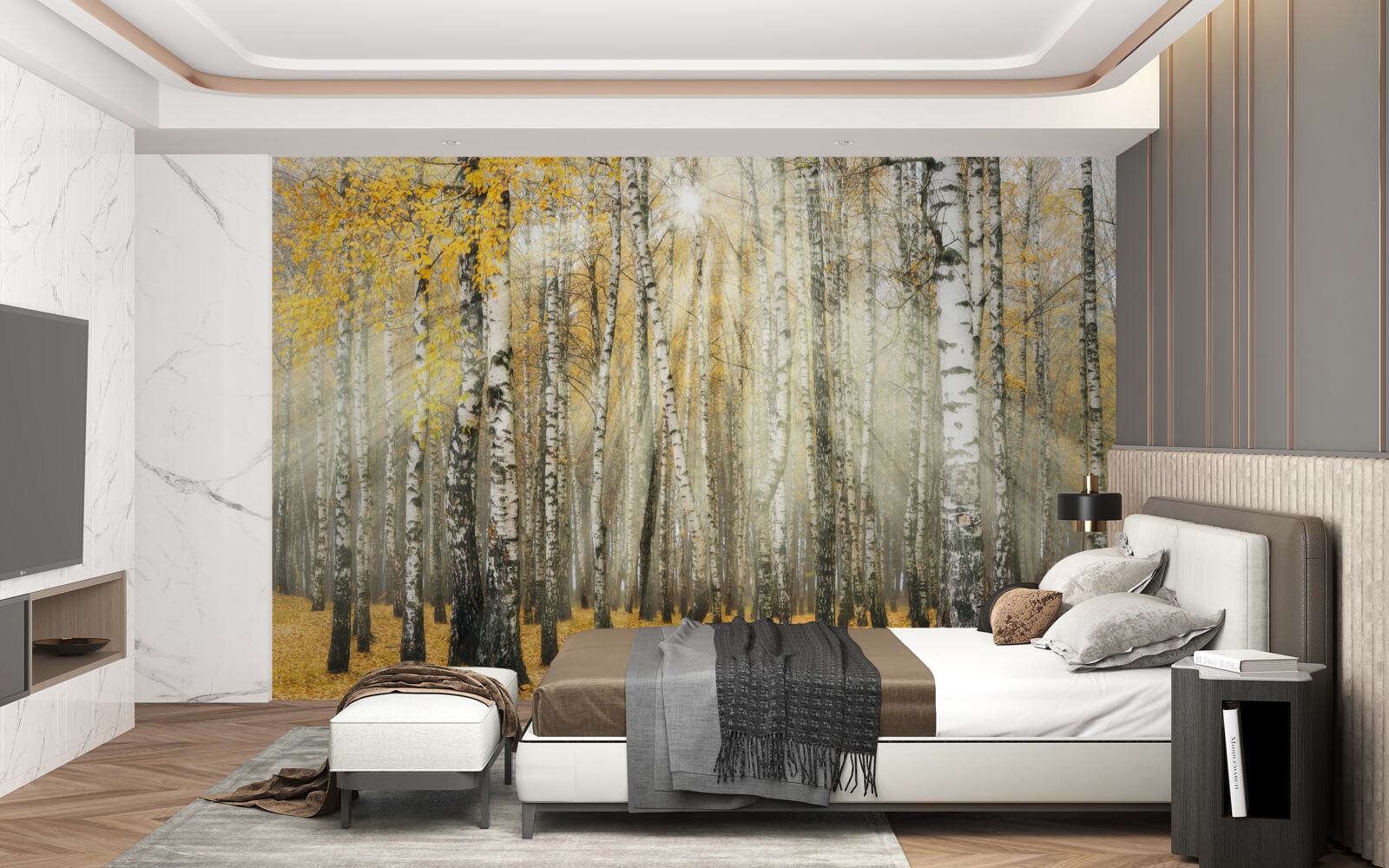 Fototapeta opadłe liście brzozy w jesiennym lesie