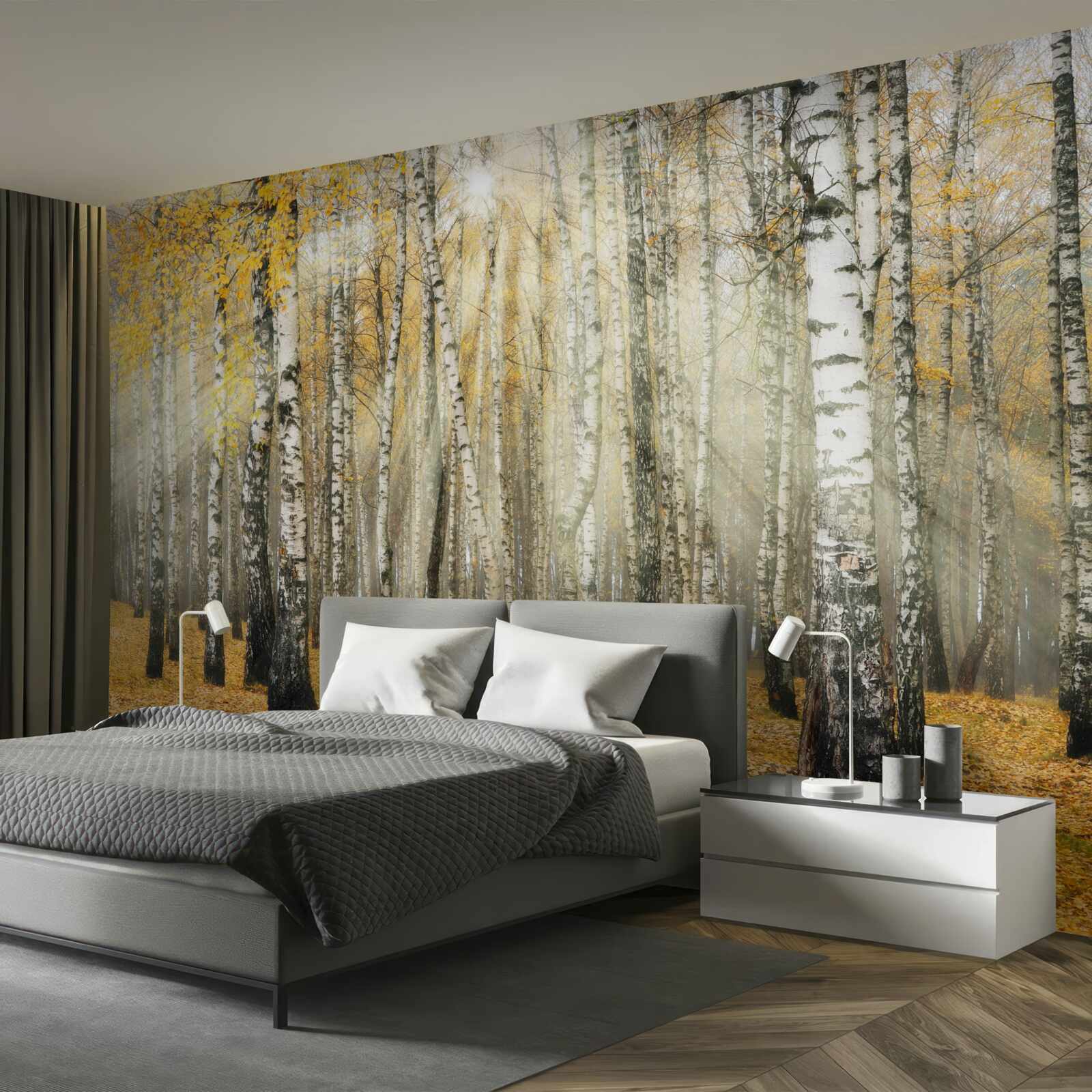 Fototapeta opadłe liście brzozy w jesiennym lesie