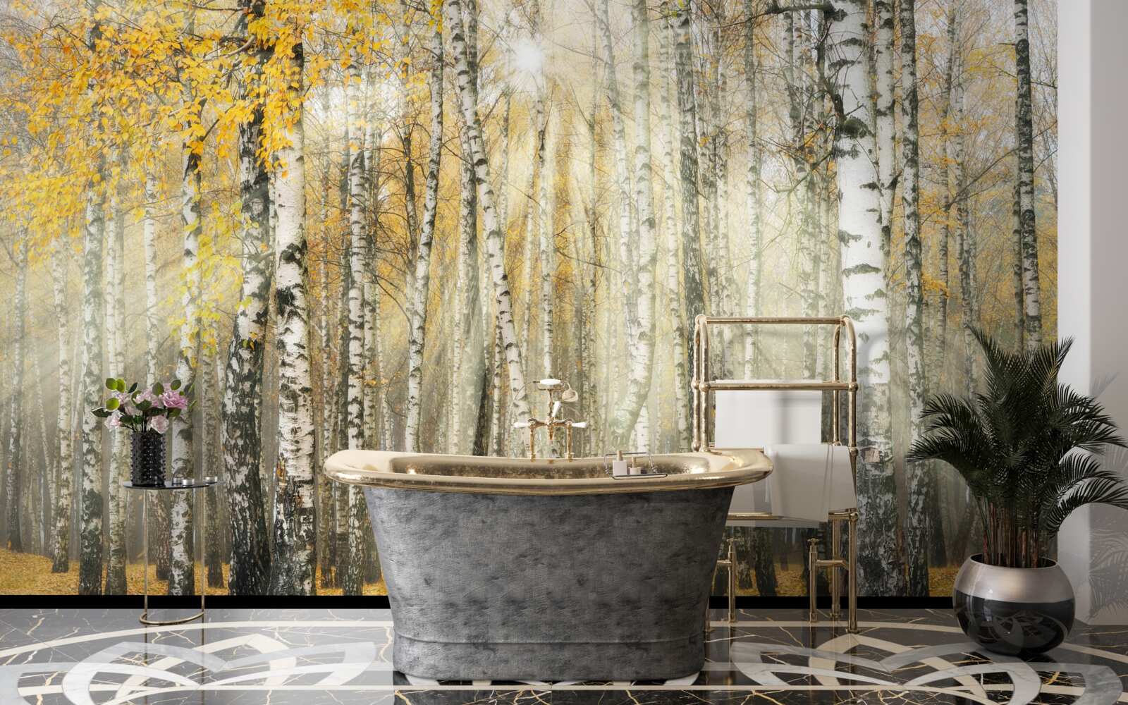 Fototapeta opadłe liście brzozy w jesiennym lesie