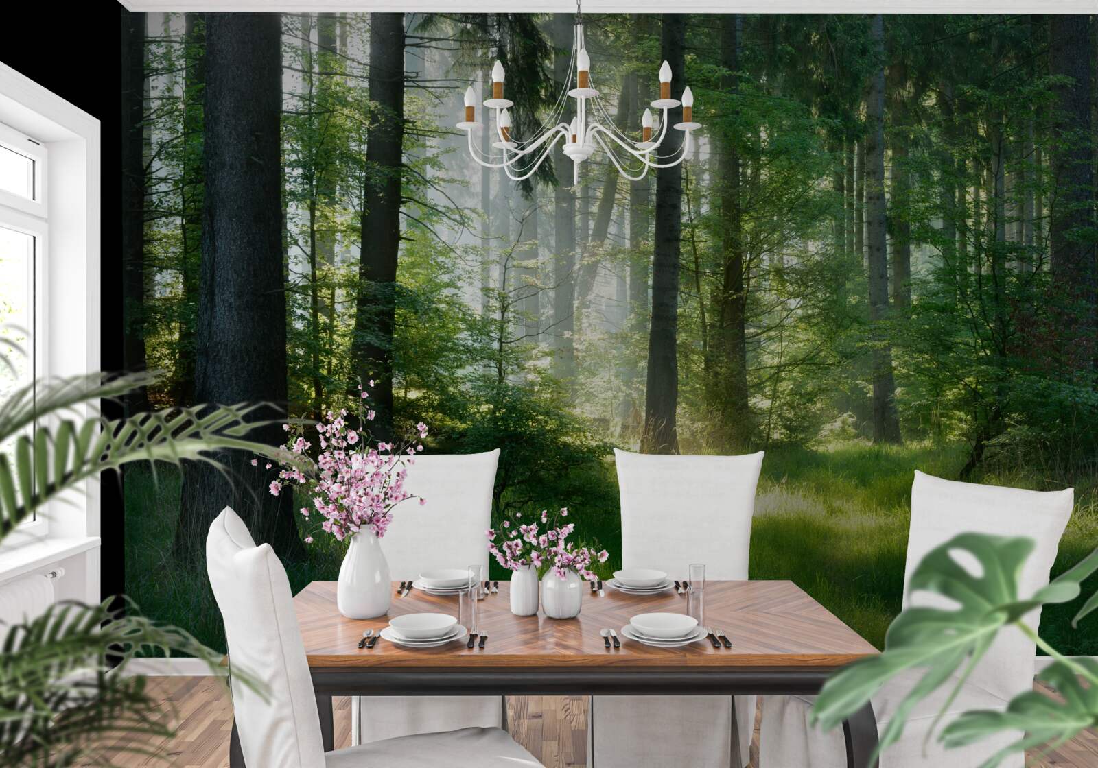 Fototapeta poranek w lesie, w otoczeniu zieleni