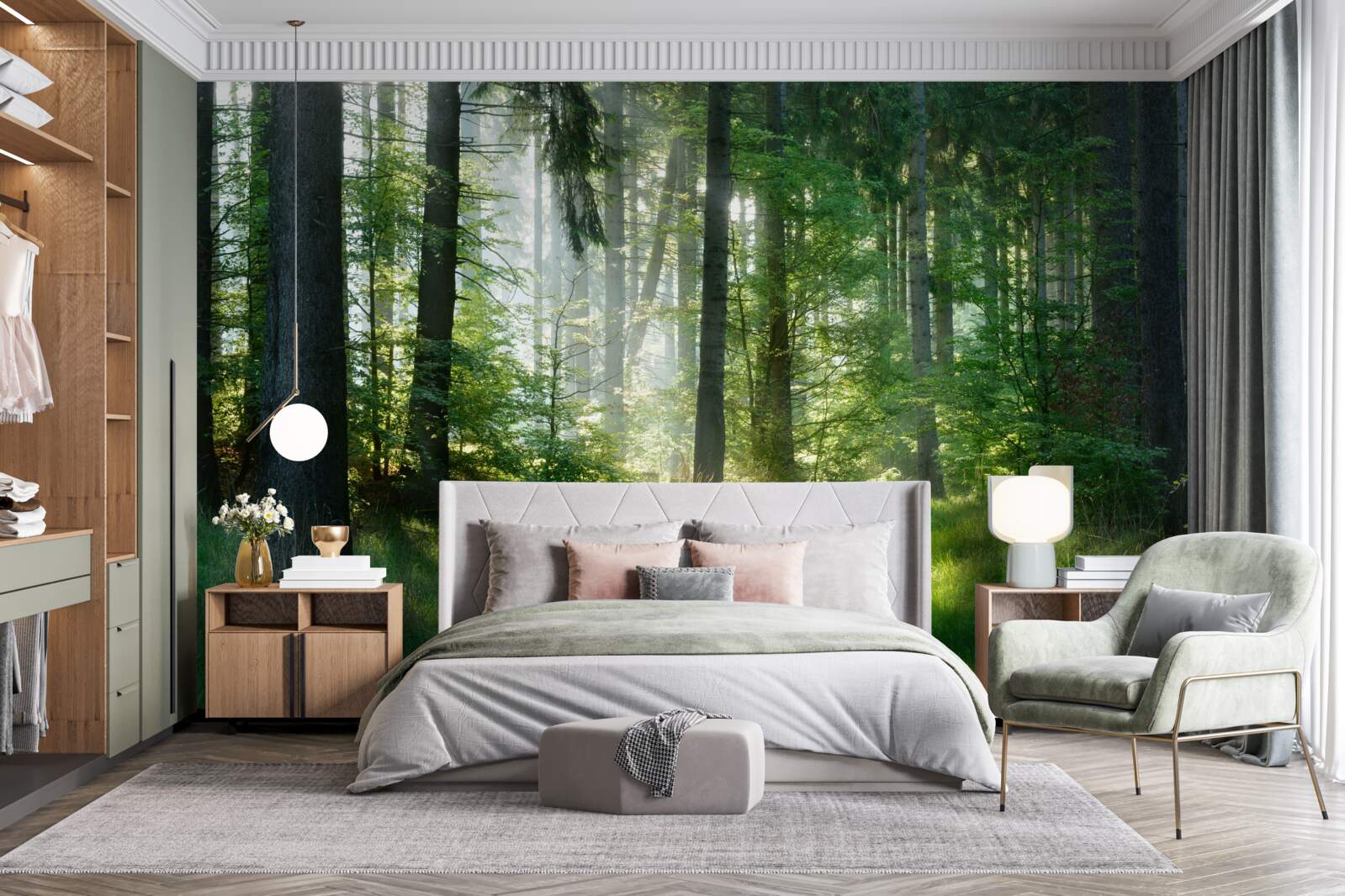 Fototapeta poranek w lesie, w otoczeniu zieleni