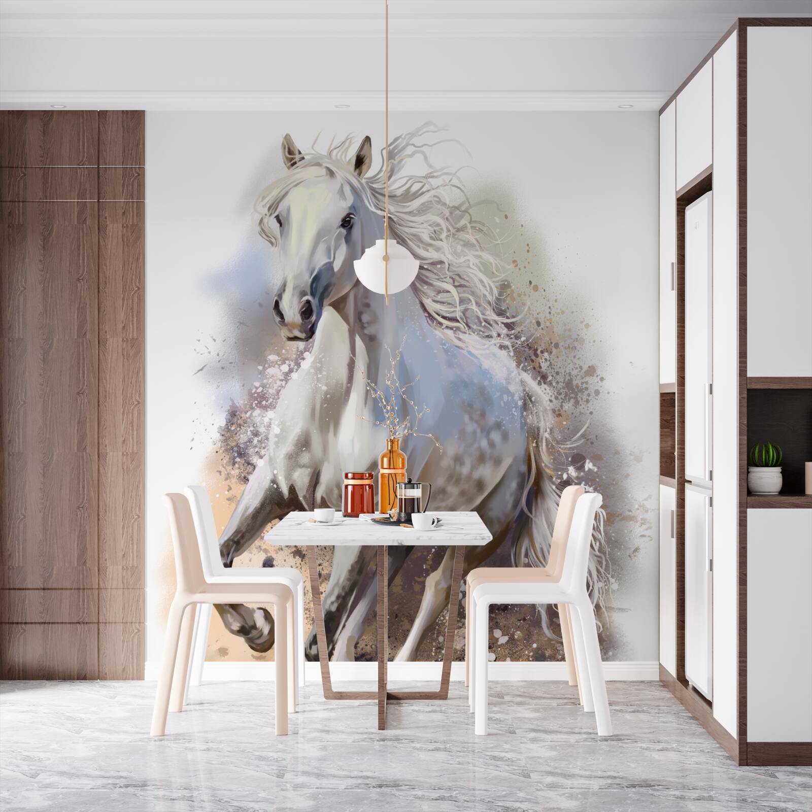 Fototapeta Śnieżnobiały koń z bujną grzywą galopuje szybko