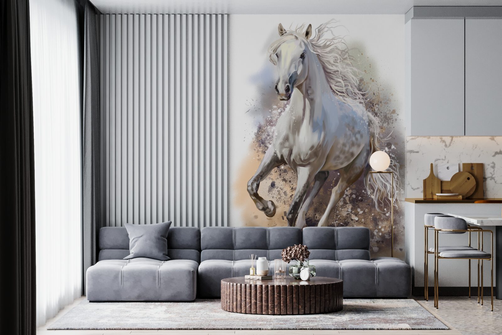 Fototapeta Śnieżnobiały koń z bujną grzywą galopuje szybko