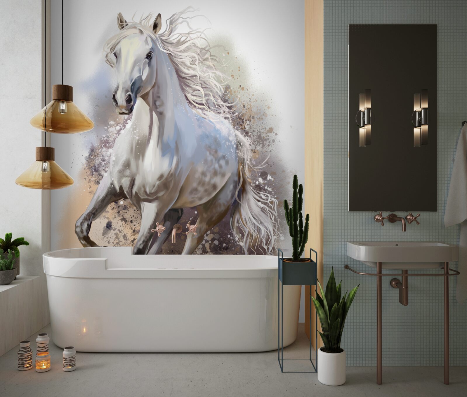 Fototapeta Śnieżnobiały koń z bujną grzywą galopuje szybko