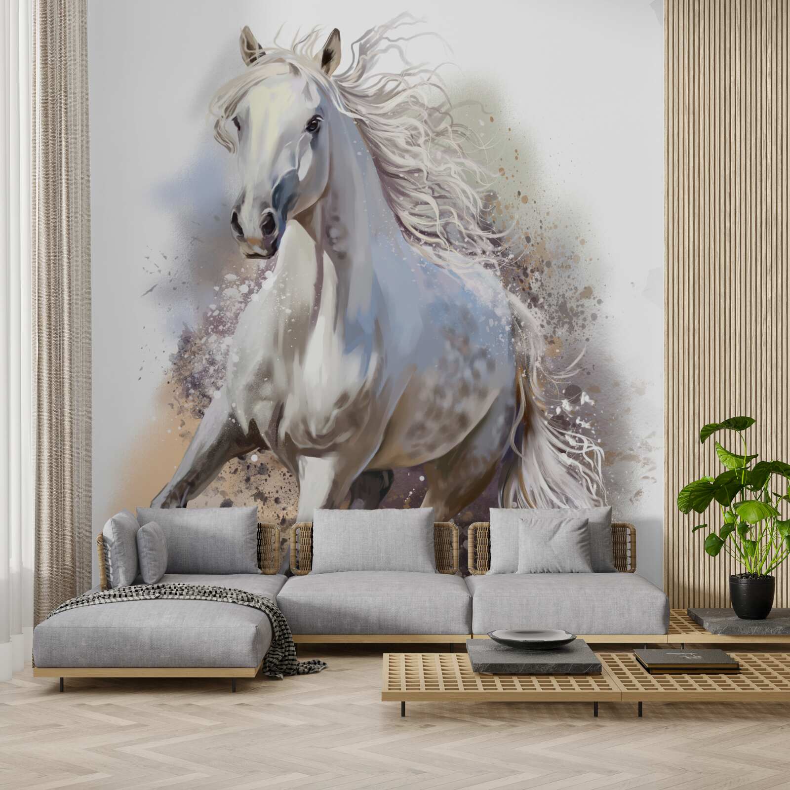 Fototapeta Śnieżnobiały koń z bujną grzywą galopuje szybko