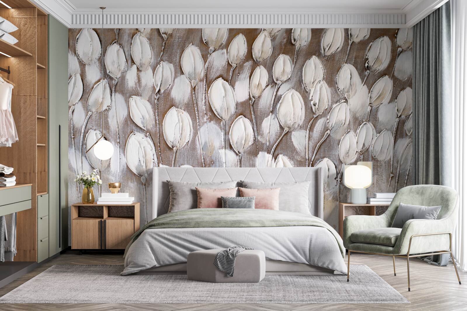 Fototapeta białe tulipany na polu jeszcze się nie otworzyły