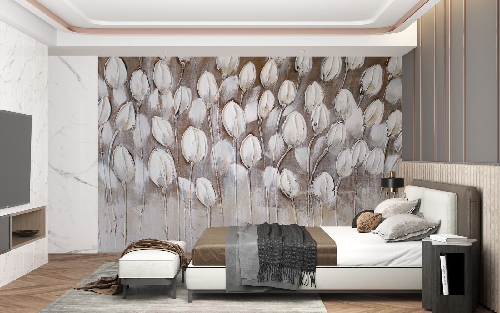 Fototapeta białe tulipany na polu jeszcze się nie otworzyły