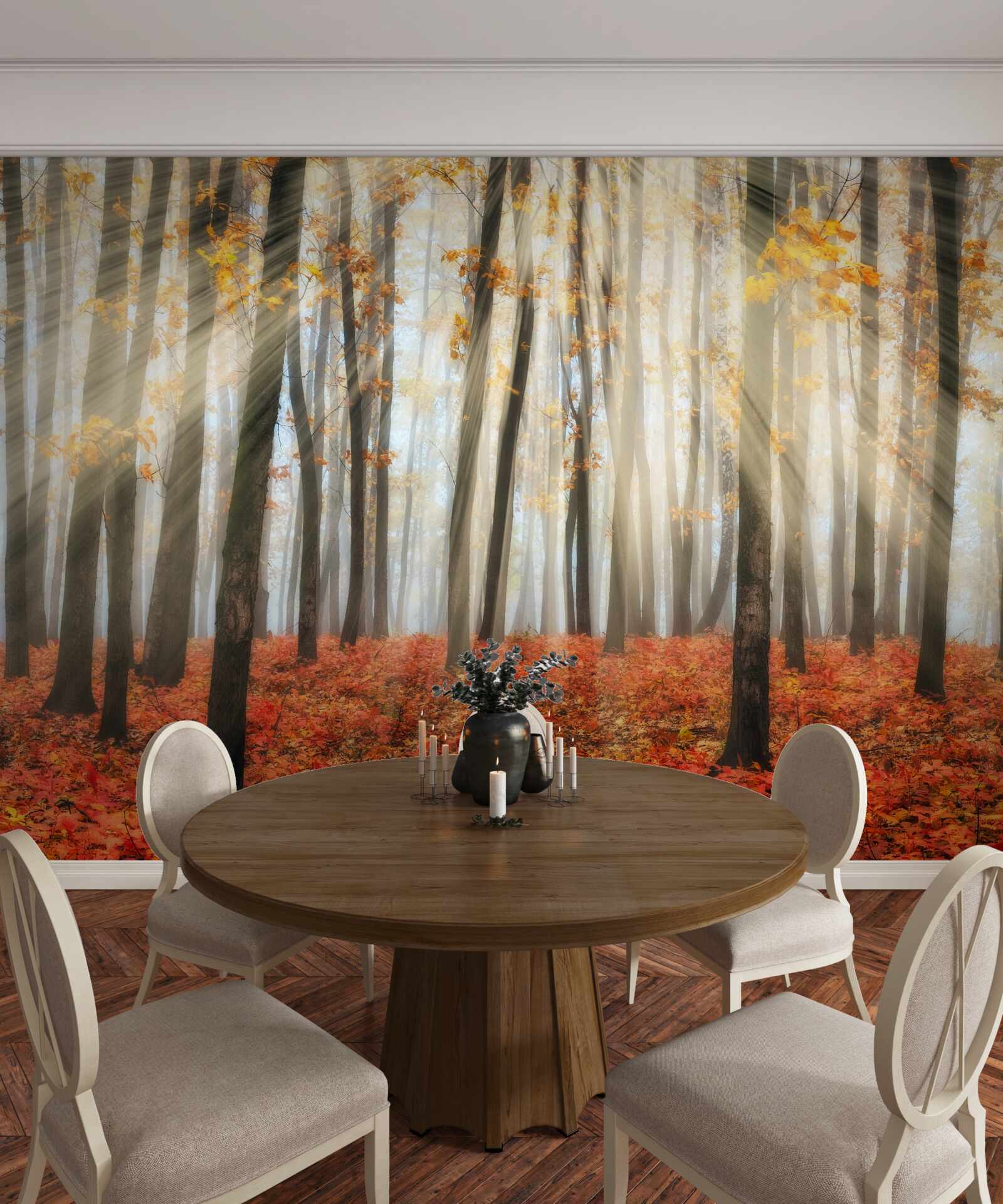 Fototapeta promienie słońca i pełne wdzięku jesienne drzewa, które straciły liście