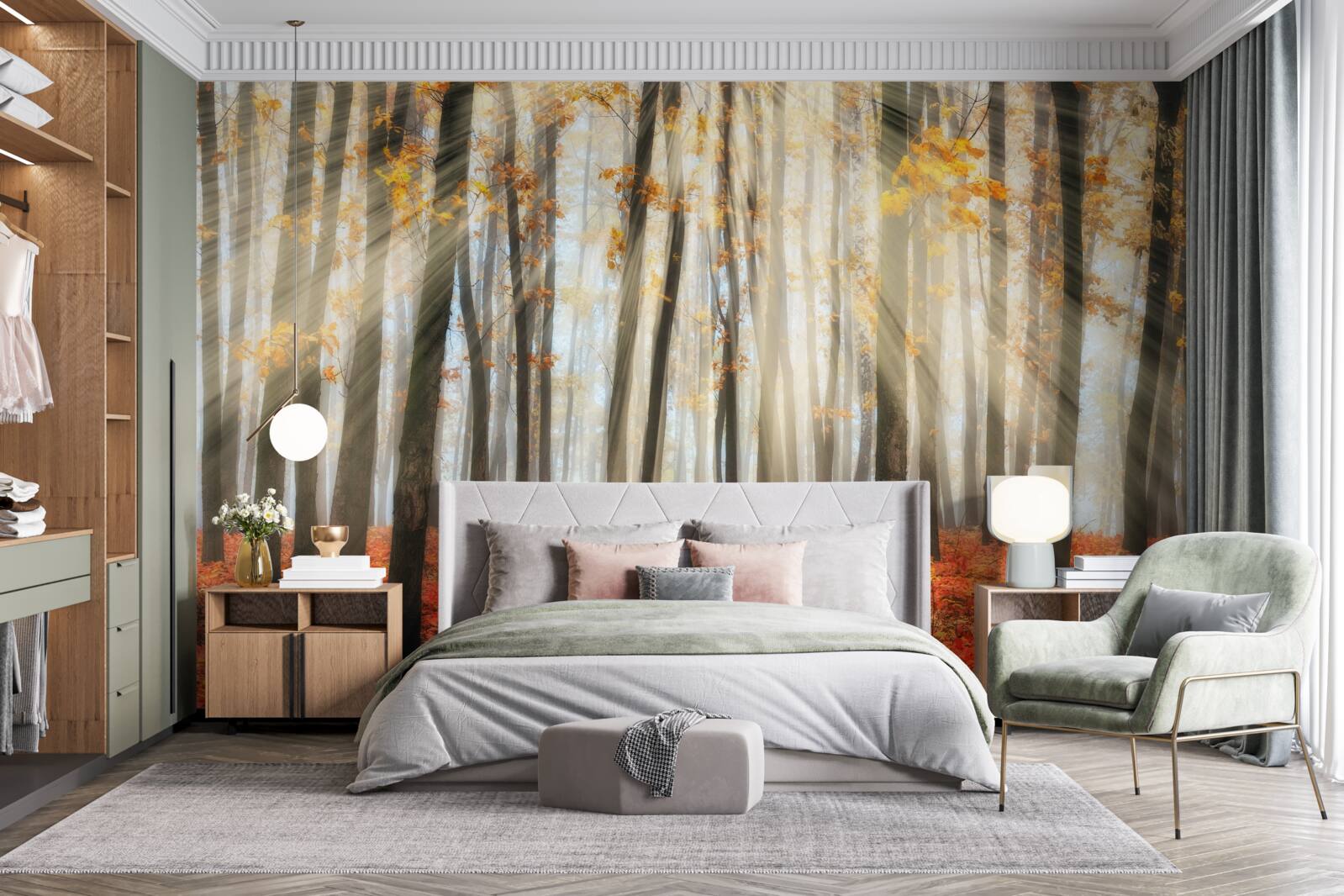 Fototapeta promienie słońca i pełne wdzięku jesienne drzewa, które straciły liście