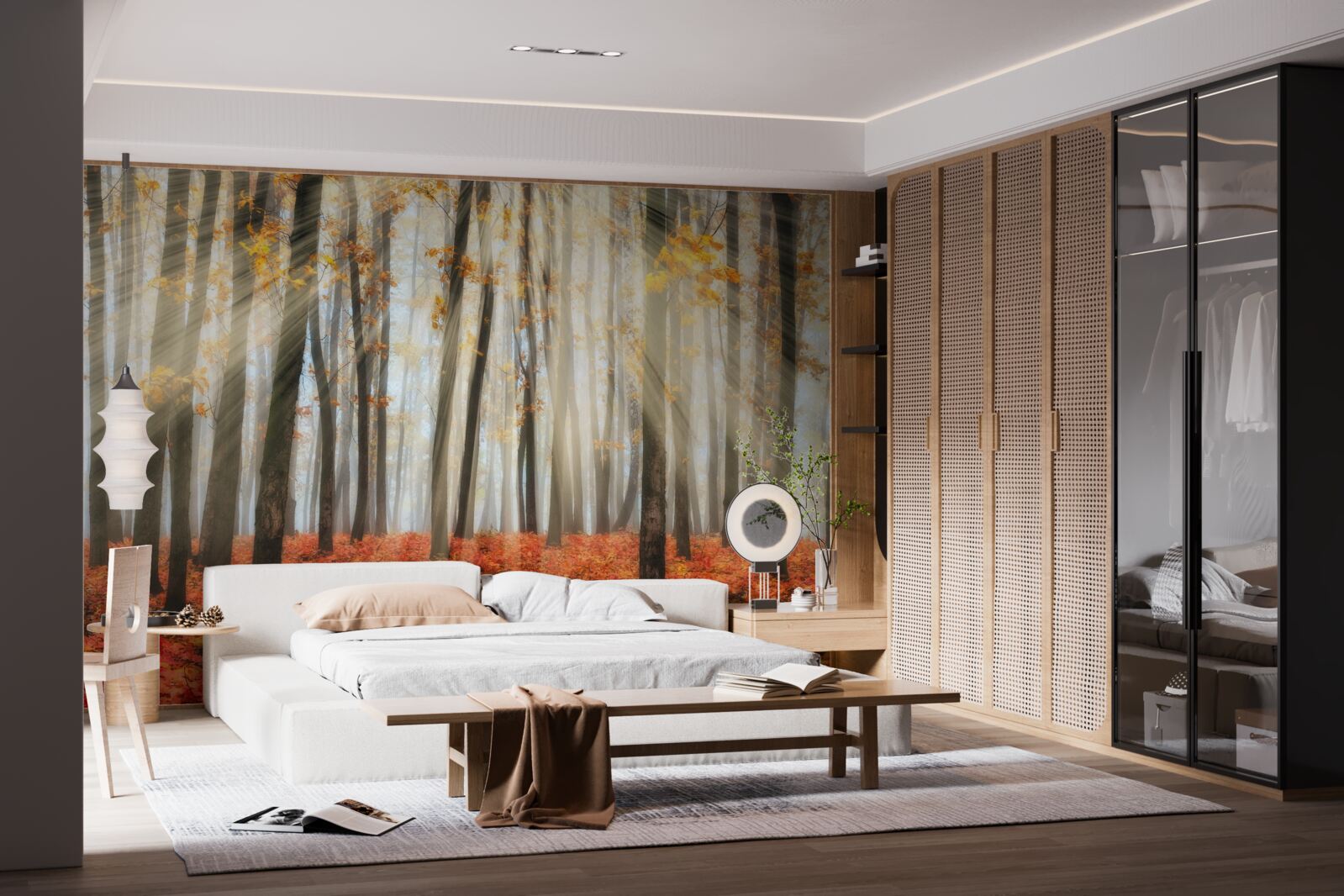 Fototapeta promienie słońca i pełne wdzięku jesienne drzewa, które straciły liście