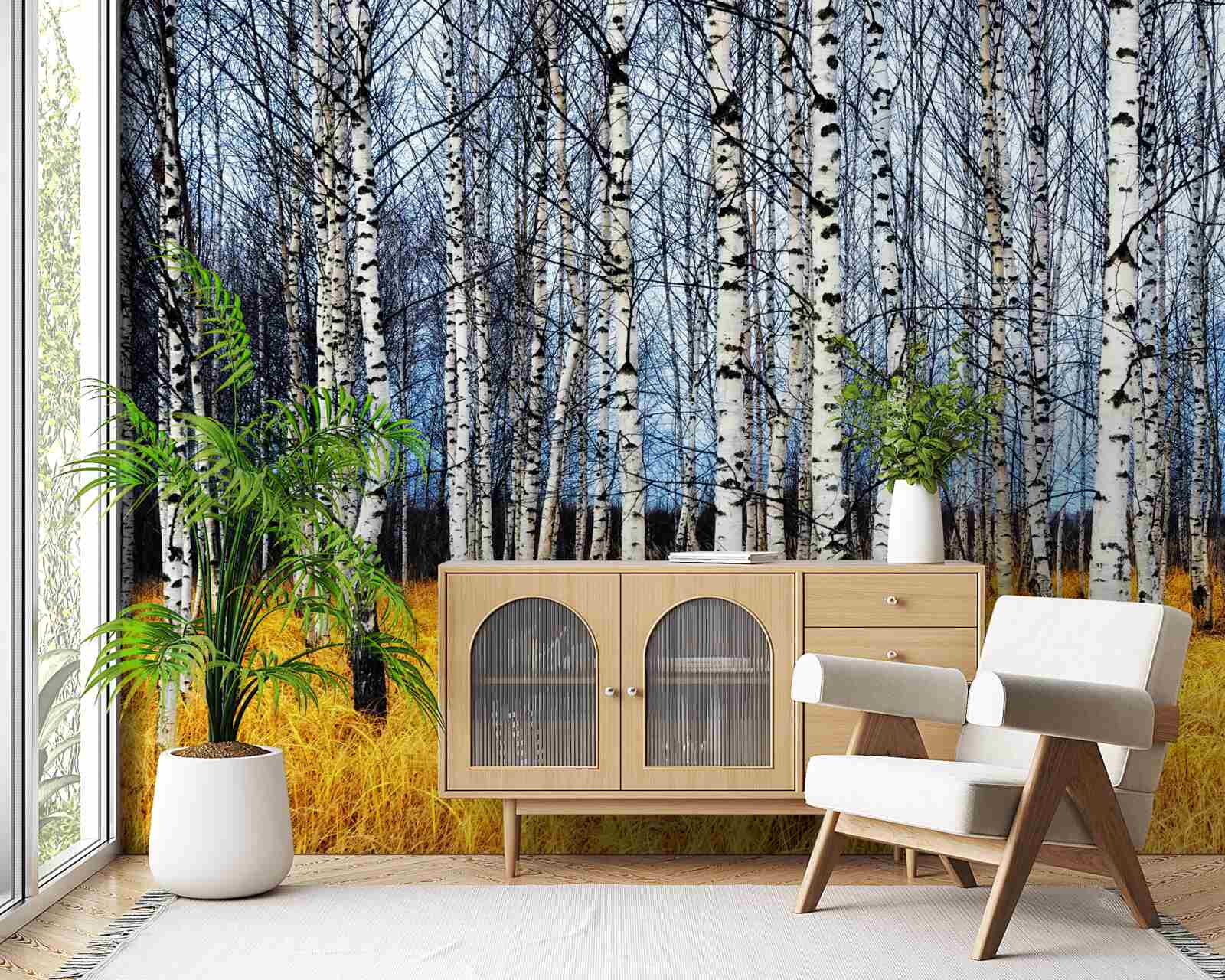 Fototapeta opadłe liście brzozy na tle żółknącej trawy leśnej