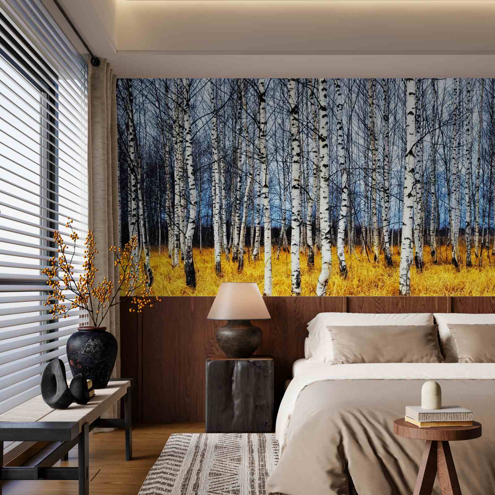 Fototapeta opadłe liście brzozy na tle żółknącej trawy leśnej