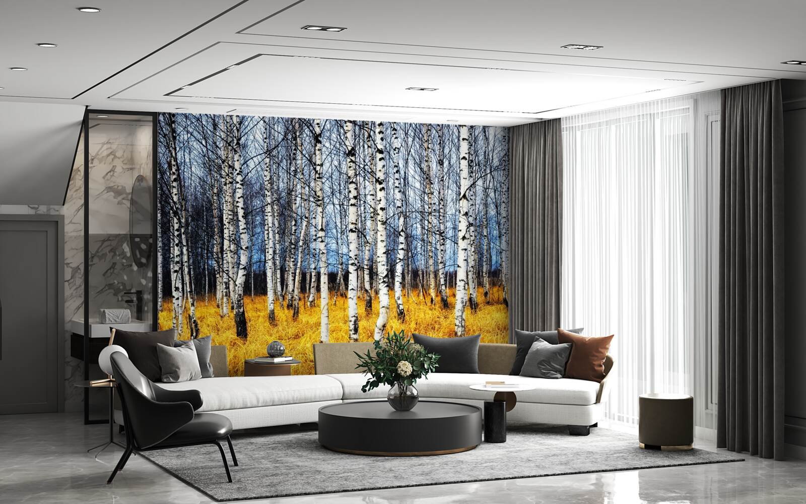 Fototapeta opadłe liście brzozy na tle żółknącej trawy leśnej