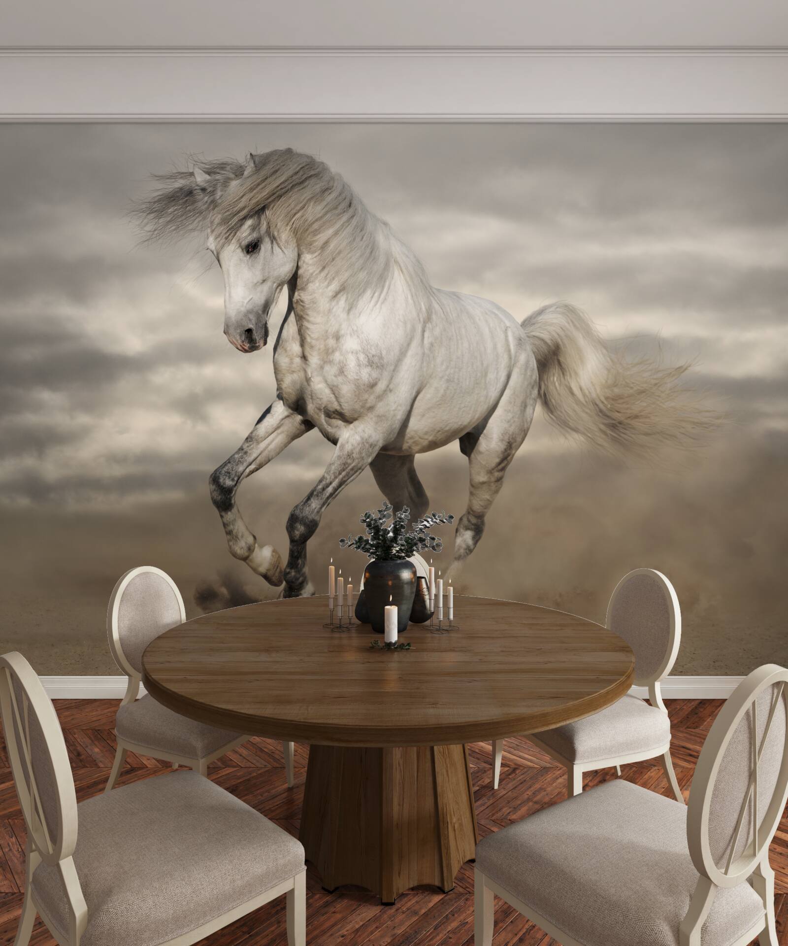 Fototapeta bieg zatrzymuje się przy białym koniu