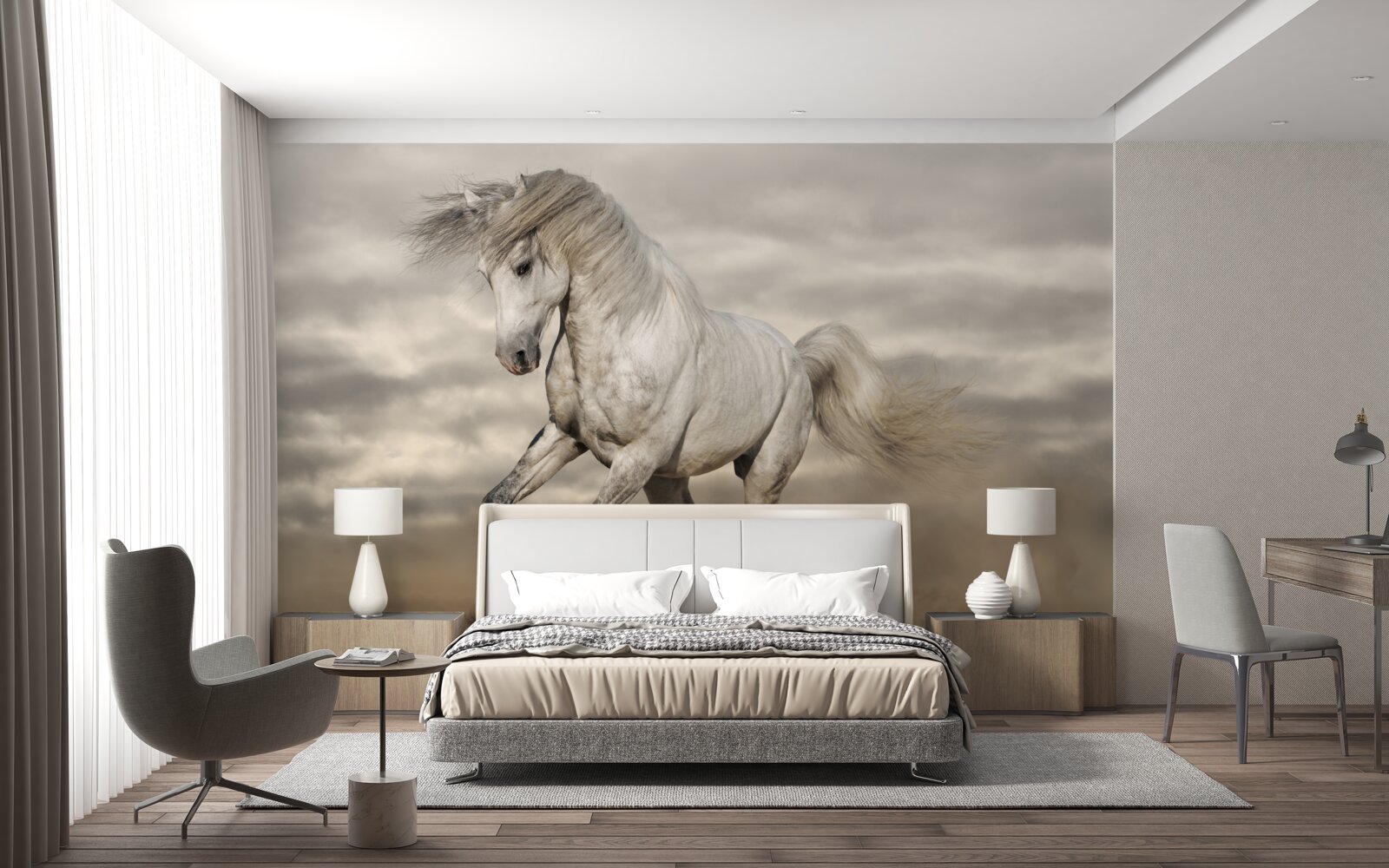 Fototapeta bieg zatrzymuje się przy białym koniu