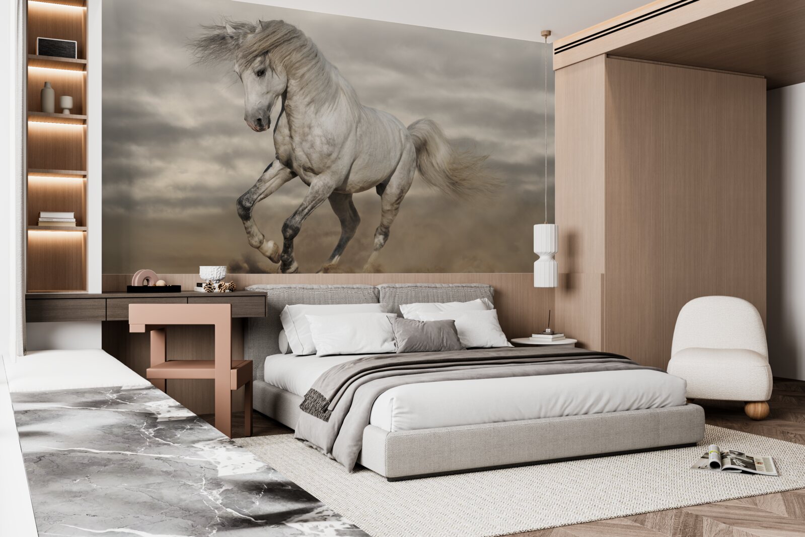 Fototapeta bieg zatrzymuje się przy białym koniu