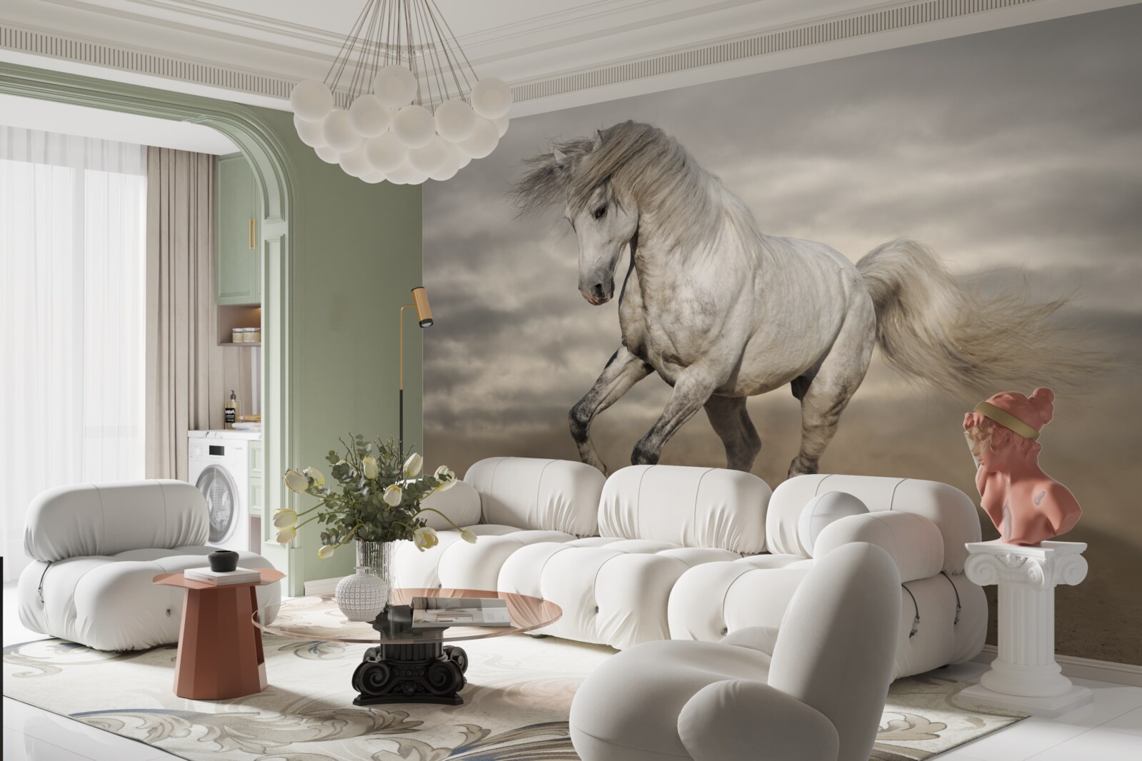 Fototapeta bieg zatrzymuje się przy białym koniu