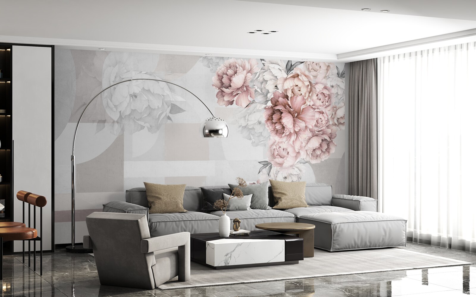 Fototapeta duże kwiaty znajdują się na szarym tle