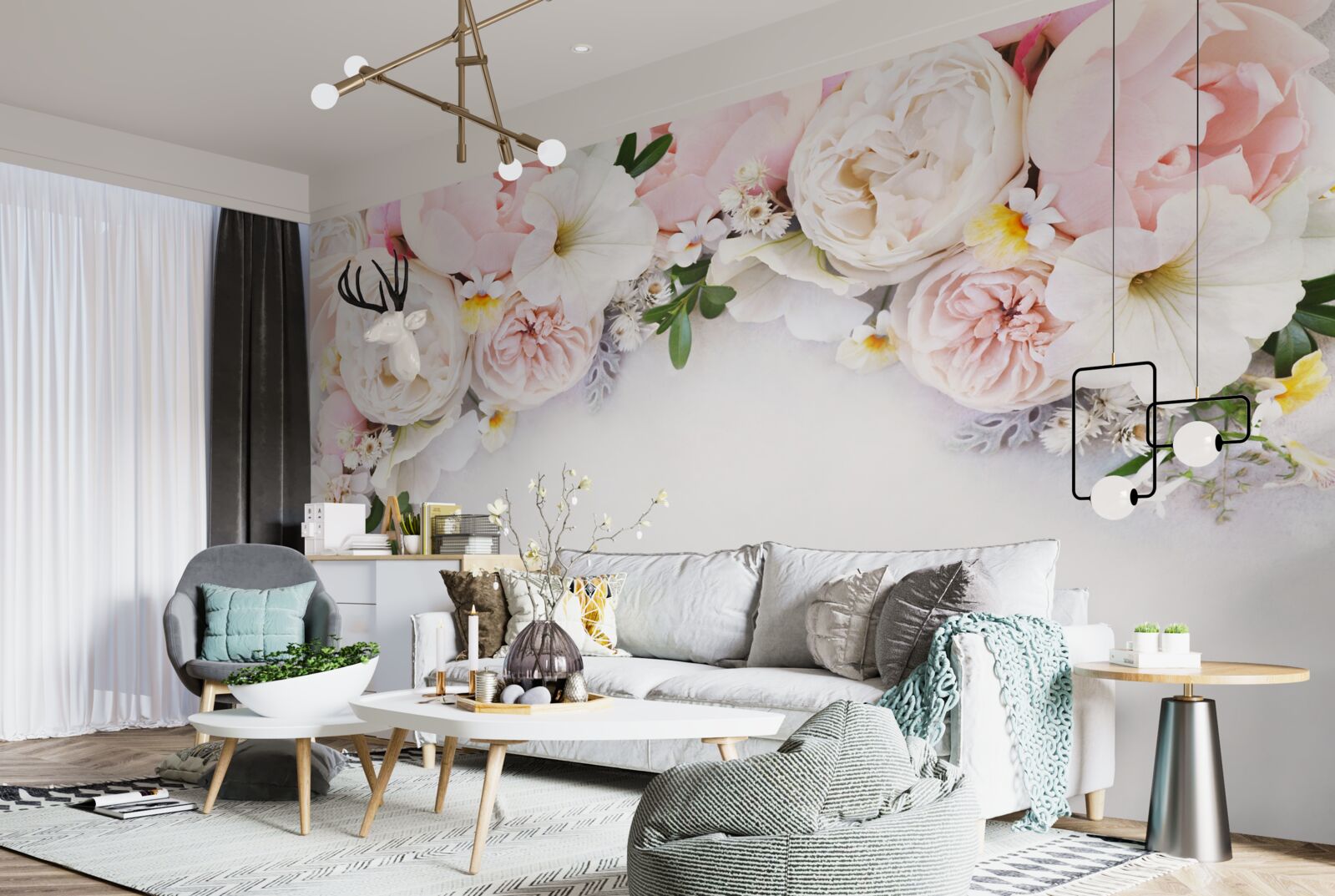 Fototapeta gałąź dużych piwonii w jasnoróżowym kolorze