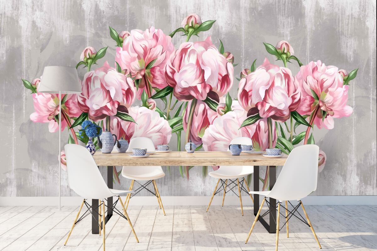 Fototapeta deszczowy czas i różowe piwonie