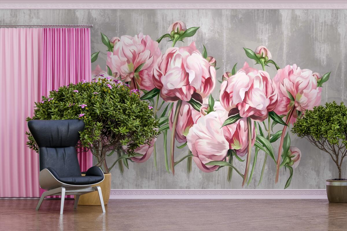 Fototapeta deszczowy czas i różowe piwonie