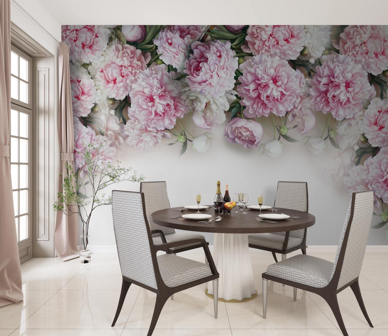 Fototapeta kwiaty o biało-różowej barwie, opadające kaskadą