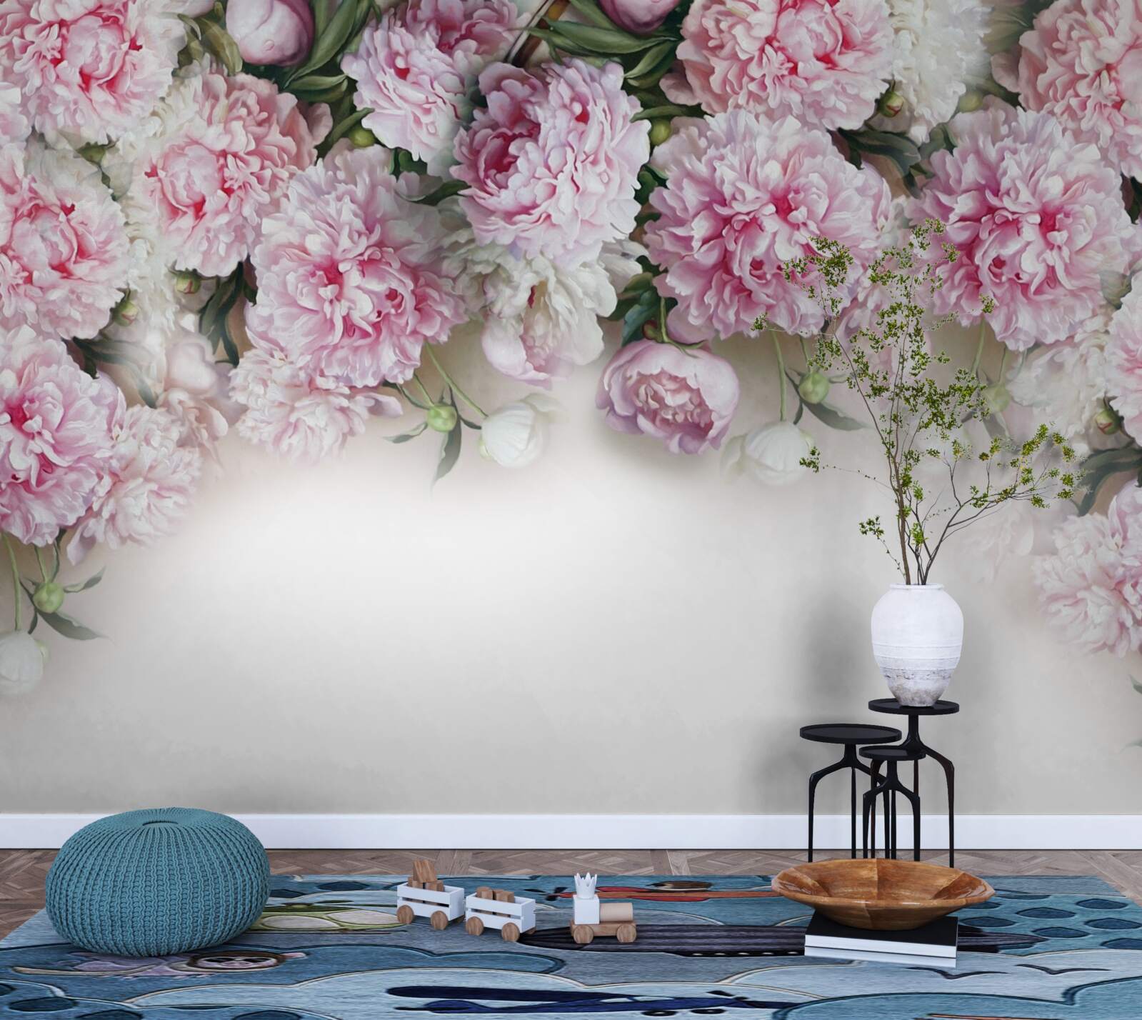 Fototapeta kwiaty o biało-różowej barwie, opadające kaskadą