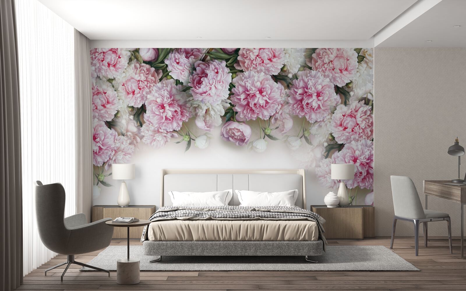 Fototapeta kwiaty o biało-różowej barwie, opadające kaskadą