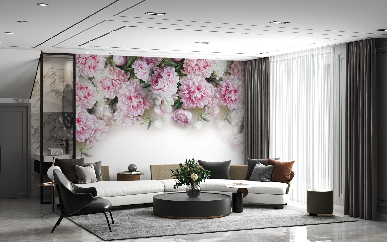 Fototapeta kwiaty o biało-różowej barwie, opadające kaskadą