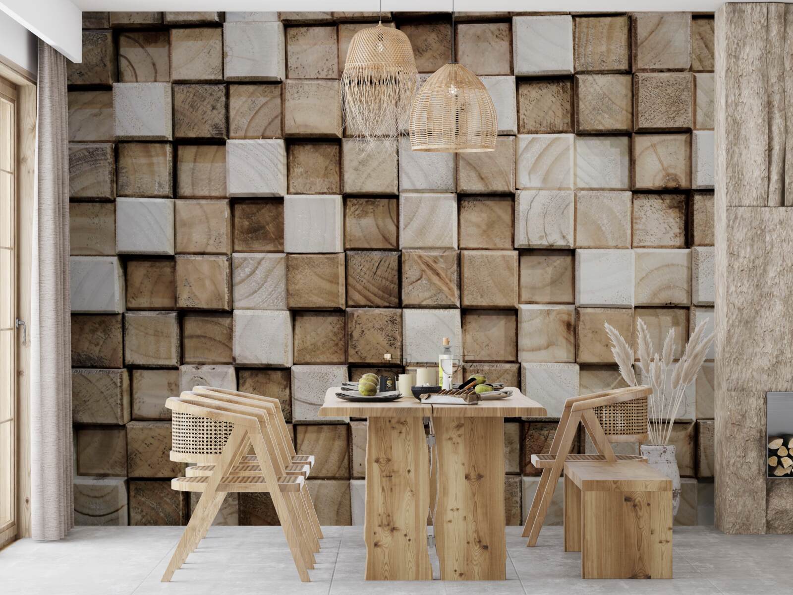 Fototapeta wolumetryczne kwadratowe konstrukcje wykonane z białego drewna