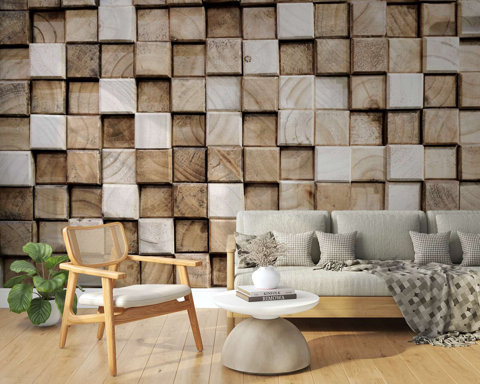 Fototapeta wolumetryczne kwadratowe konstrukcje wykonane z białego drewna