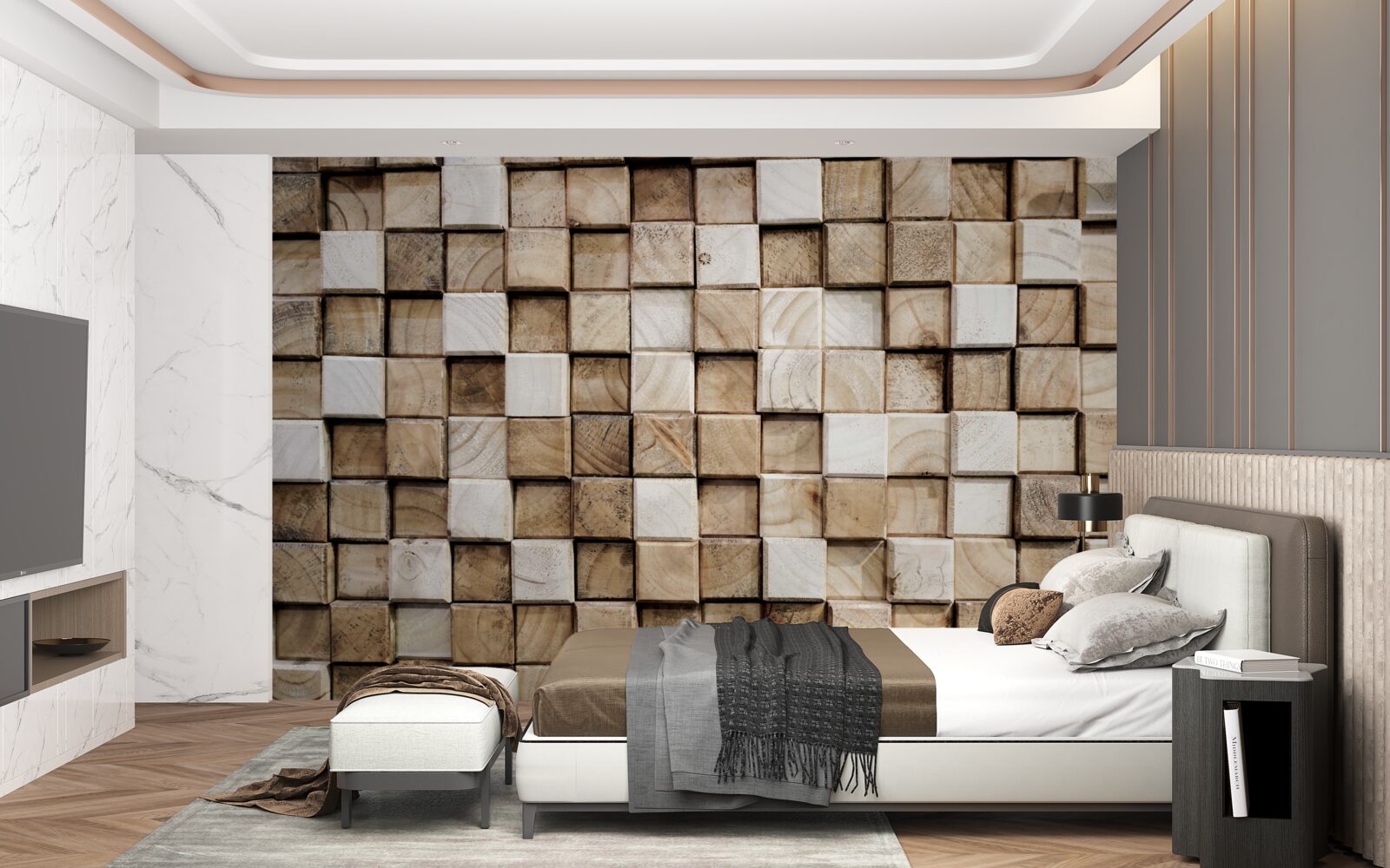 Fototapeta wolumetryczne kwadratowe konstrukcje wykonane z białego drewna