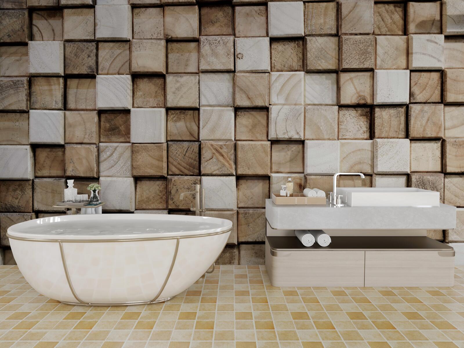 Fototapeta wolumetryczne kwadratowe konstrukcje wykonane z białego drewna