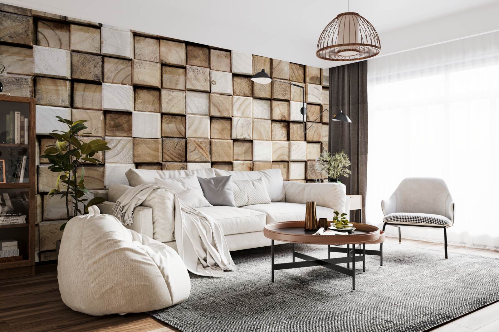 Fototapeta wolumetryczne kwadratowe konstrukcje wykonane z białego drewna