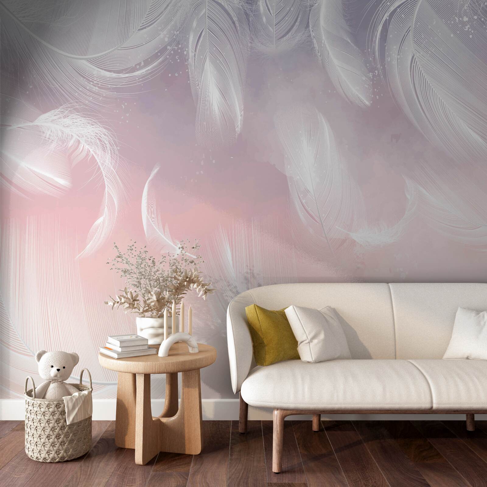 Fototapeta białe pióra unoszące się w wieczornym zachodzie słońca