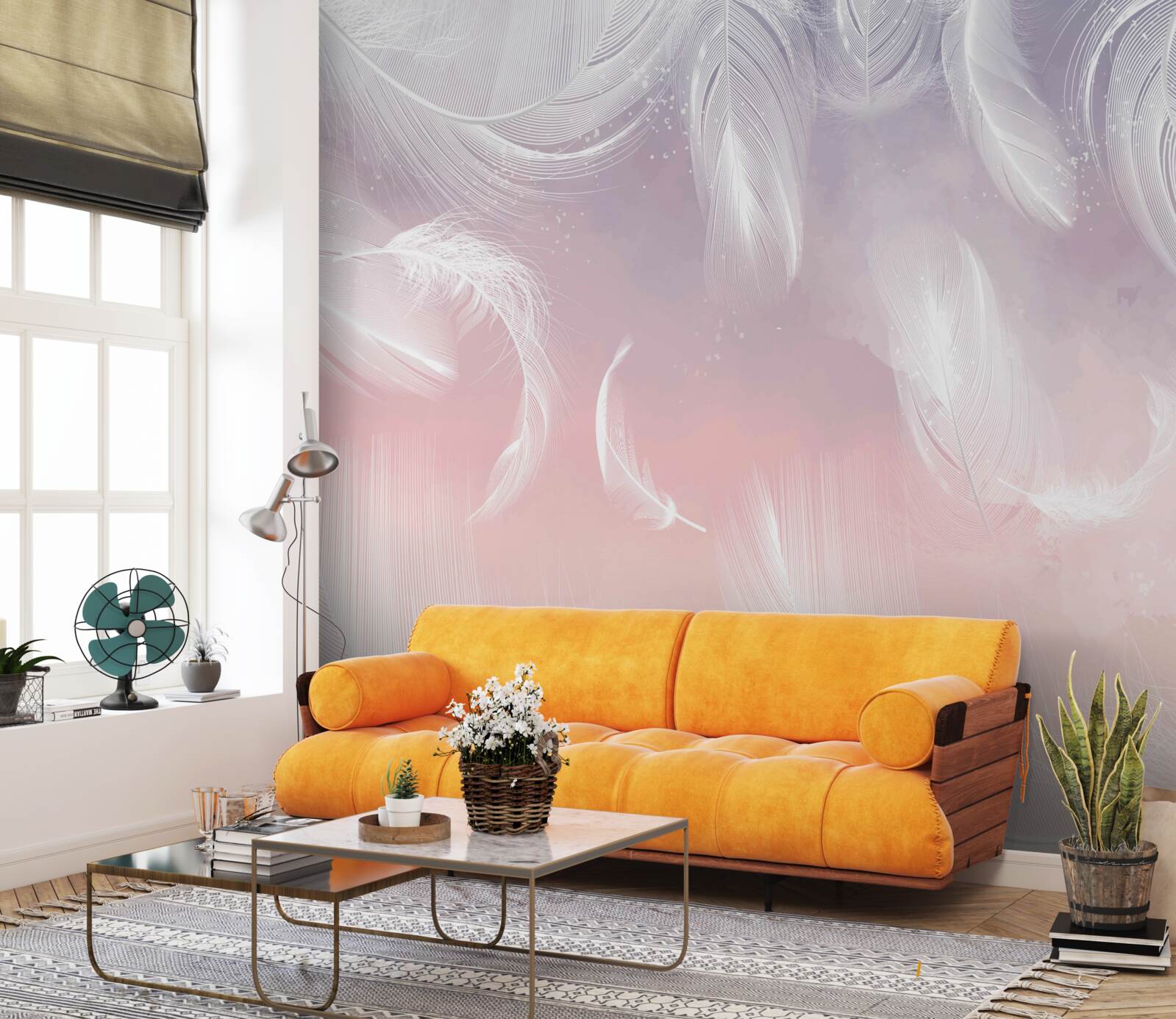 Fototapeta białe pióra unoszące się w wieczornym zachodzie słońca