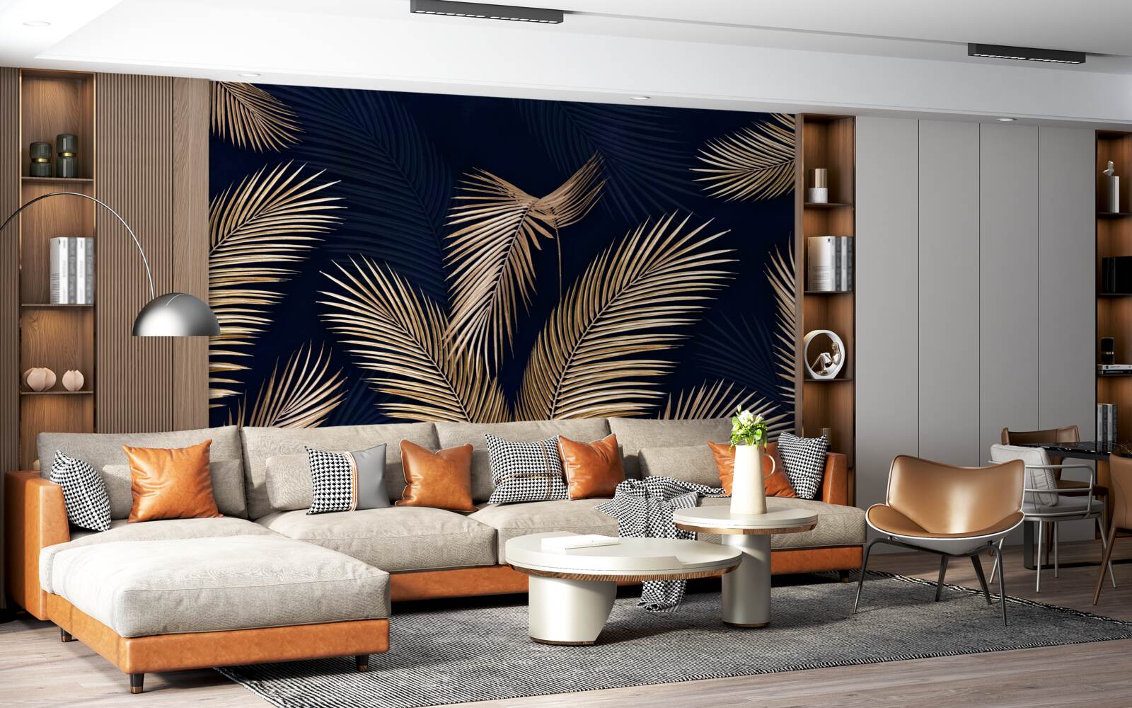 Fototapeta ciemne tło ozdobione złotymi piórami