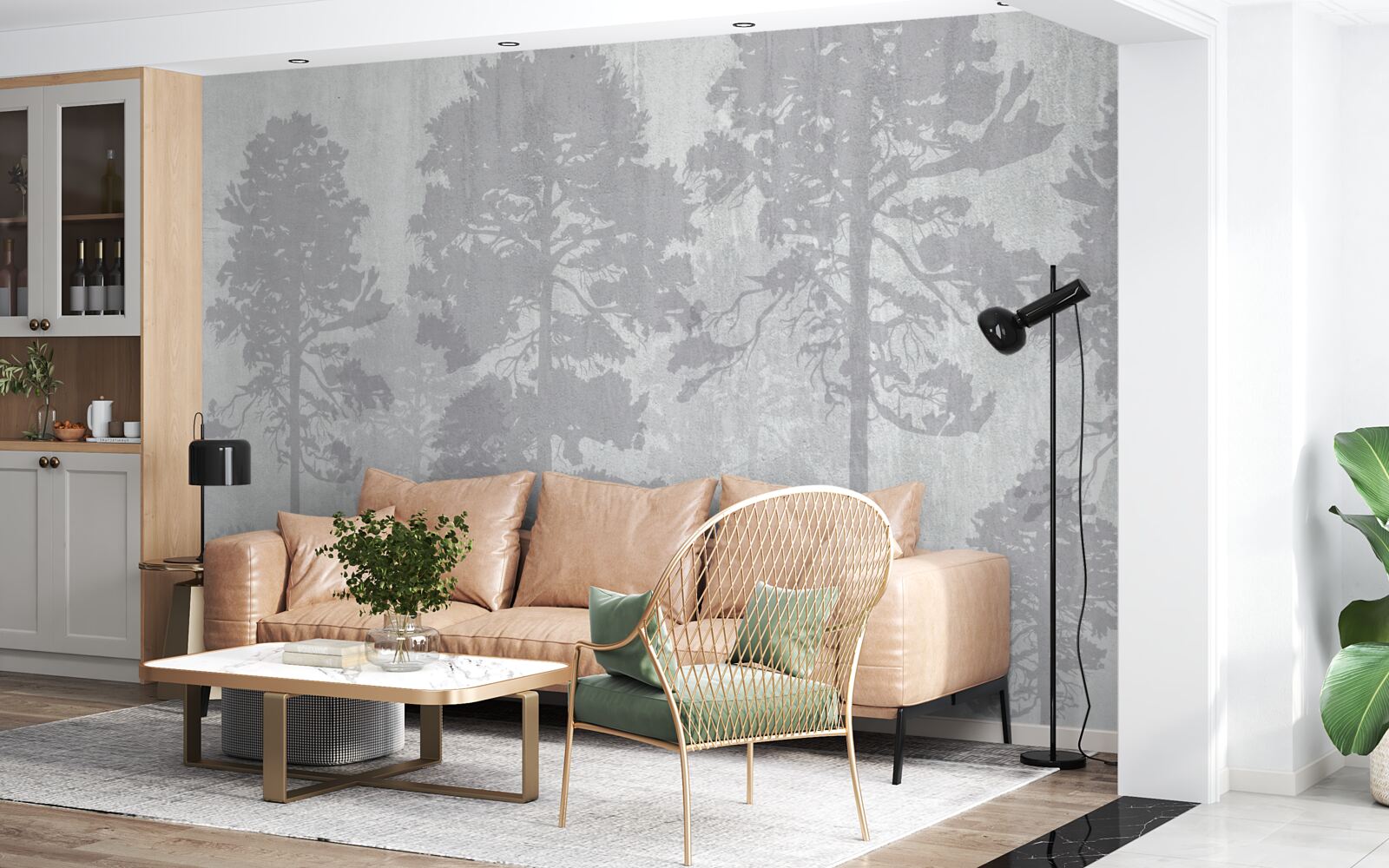 Fototapeta mgliste kontury drzew leśnych na skraju wyglądają smukło