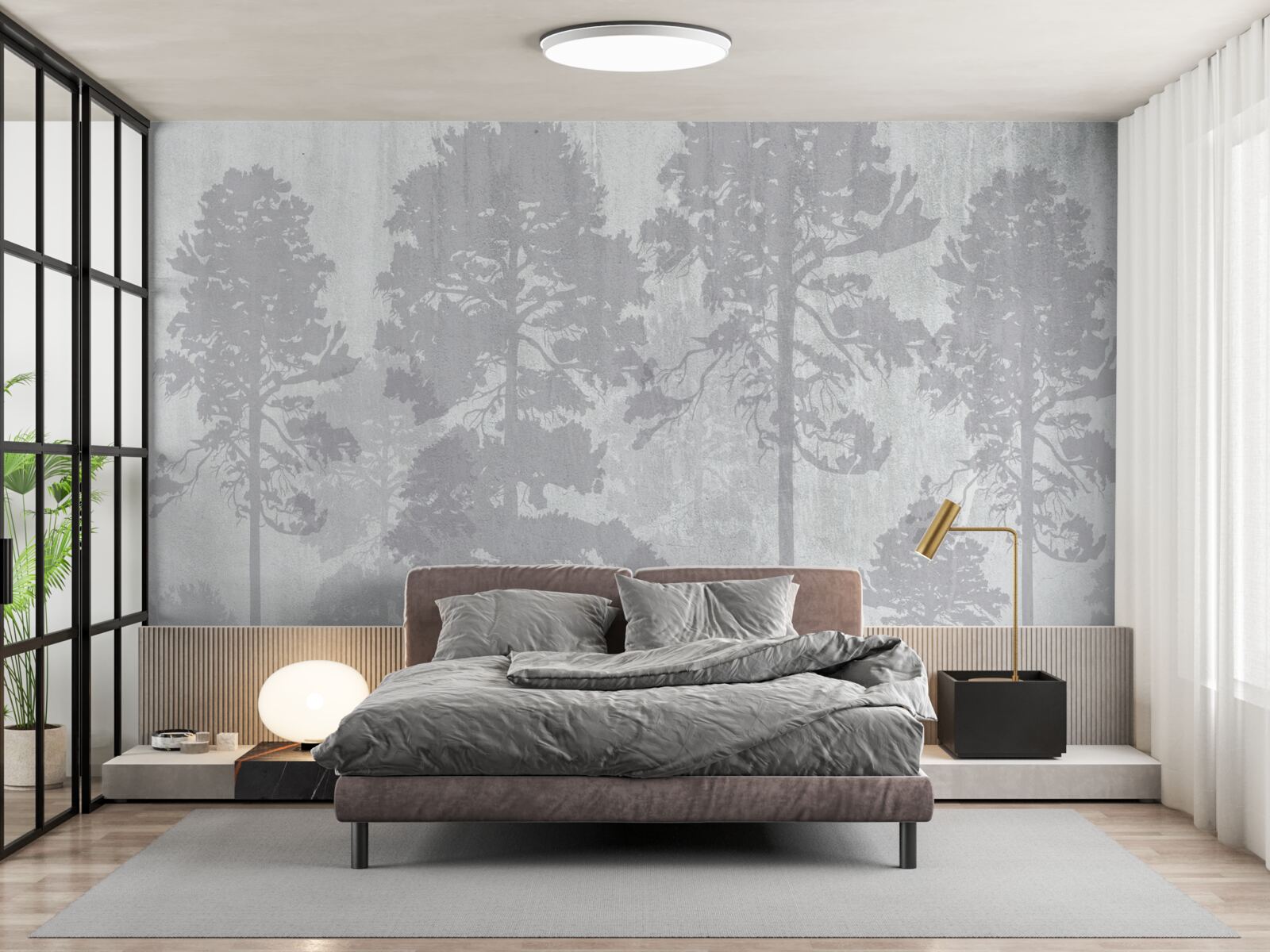 Fototapeta mgliste kontury drzew leśnych na skraju wyglądają smukło